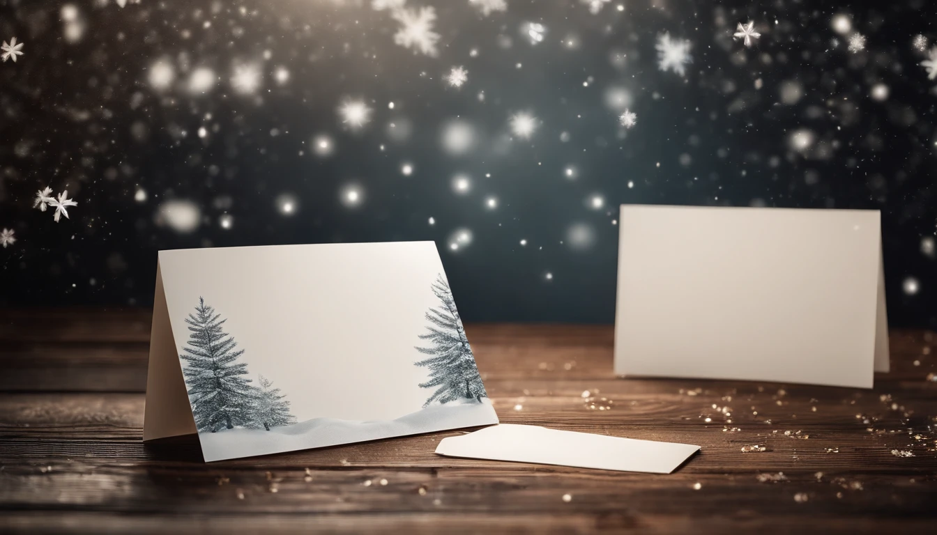 A blank white greeting card mockup on a vintage wooden table, with a winter-themed illustration and a scattering of glittering snowflakes.