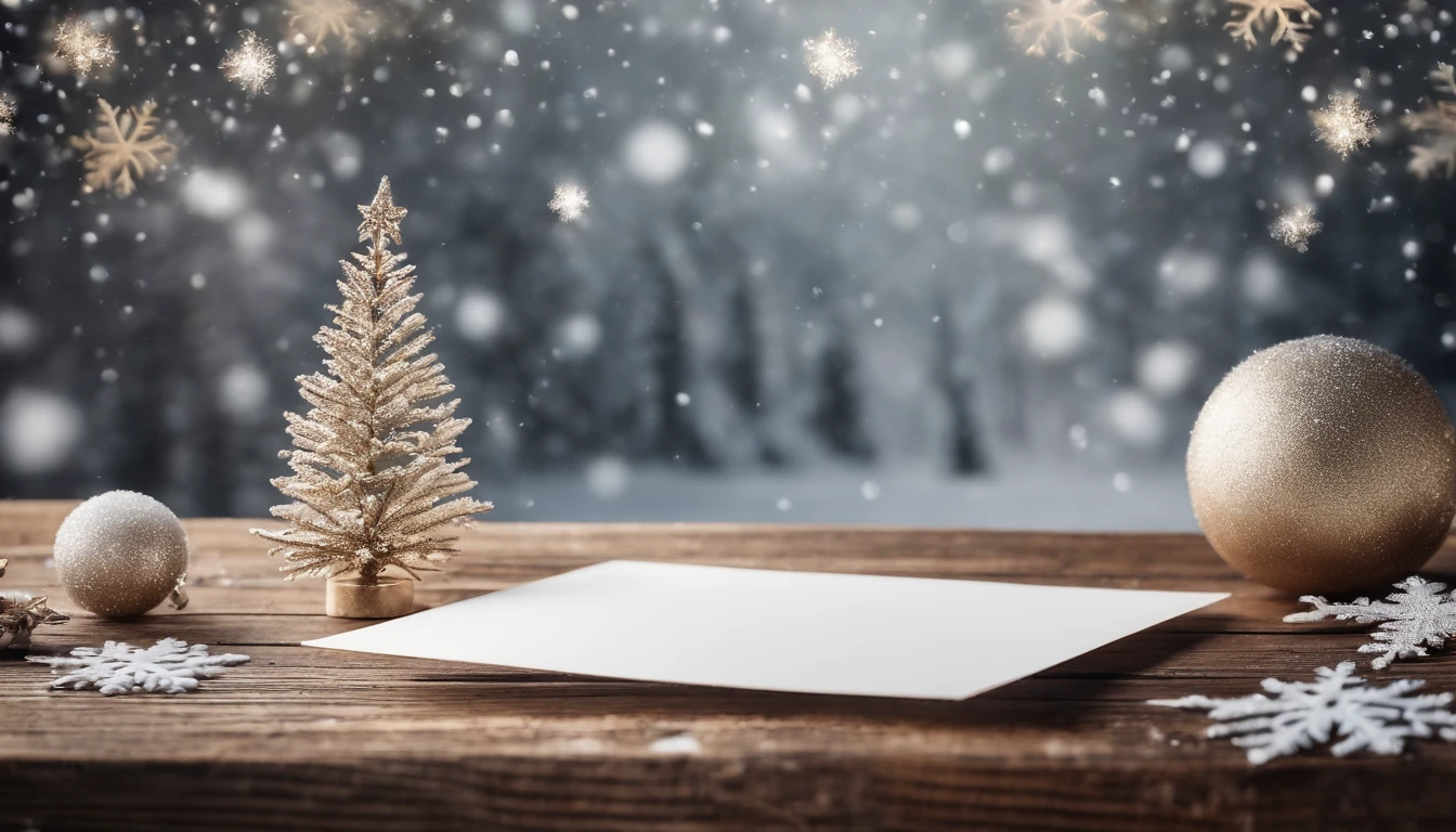 A blank white greeting card mockup on a vintage wooden table, with a winter-themed illustration and a scattering of glittering snowflakes.