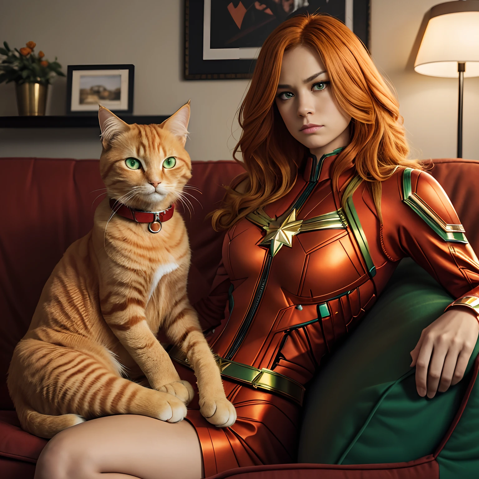 A fluffy orange tabby cat with green eyes and a red collar. The cat  and Captain Marvel are sitting on the same couch and looking at the camera with a curious expression.