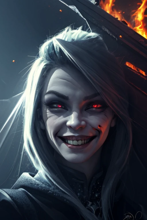1girl, flying hair, red eyes, fire witch, blood on face, light particles, lightning rays, wallpaper, colorful, high contrast, vampire, smirk, evil smile, psychopathic smirk, psychopathic smile, tilted head