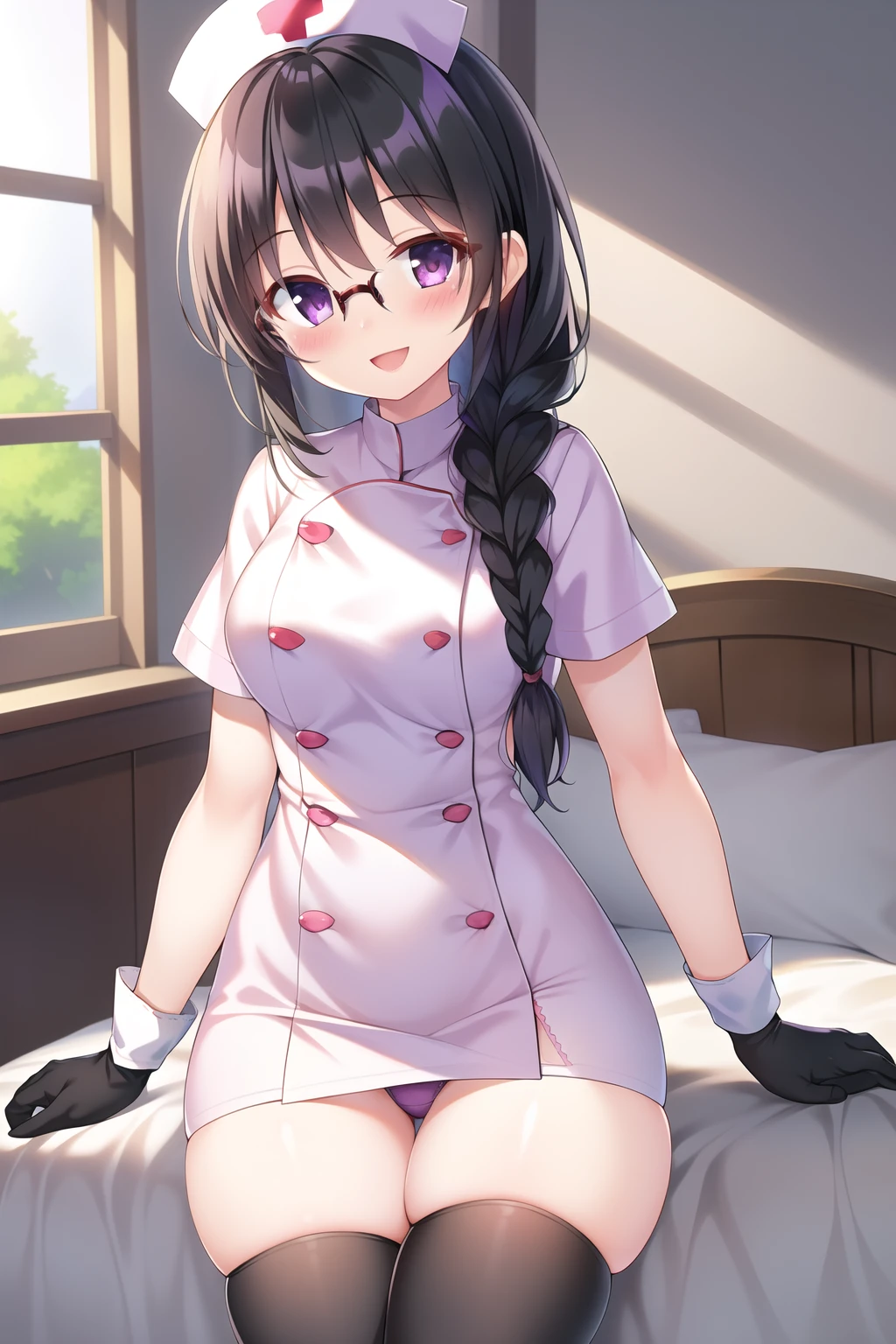 masterpiece, 1girl, (black hair), (braid), (purple eyes), (glasses), (nurse), (gloves), (thighhighs), (looking at viewer:1.1), smile, (:d), (Intricate Iris Details), (blush), (underwear)