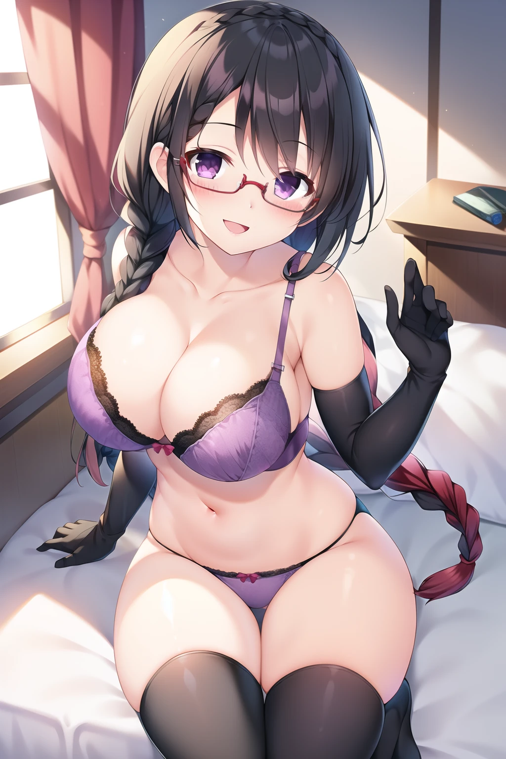 masterpiece, 1girl, (black hair), (braid), (purple eyes), (glasses), (), (gloves), (thighhighs), (looking at viewer:1.1), smile, (:d), (Intricate Iris Details), (blush), (underwear:1.1), (bra)