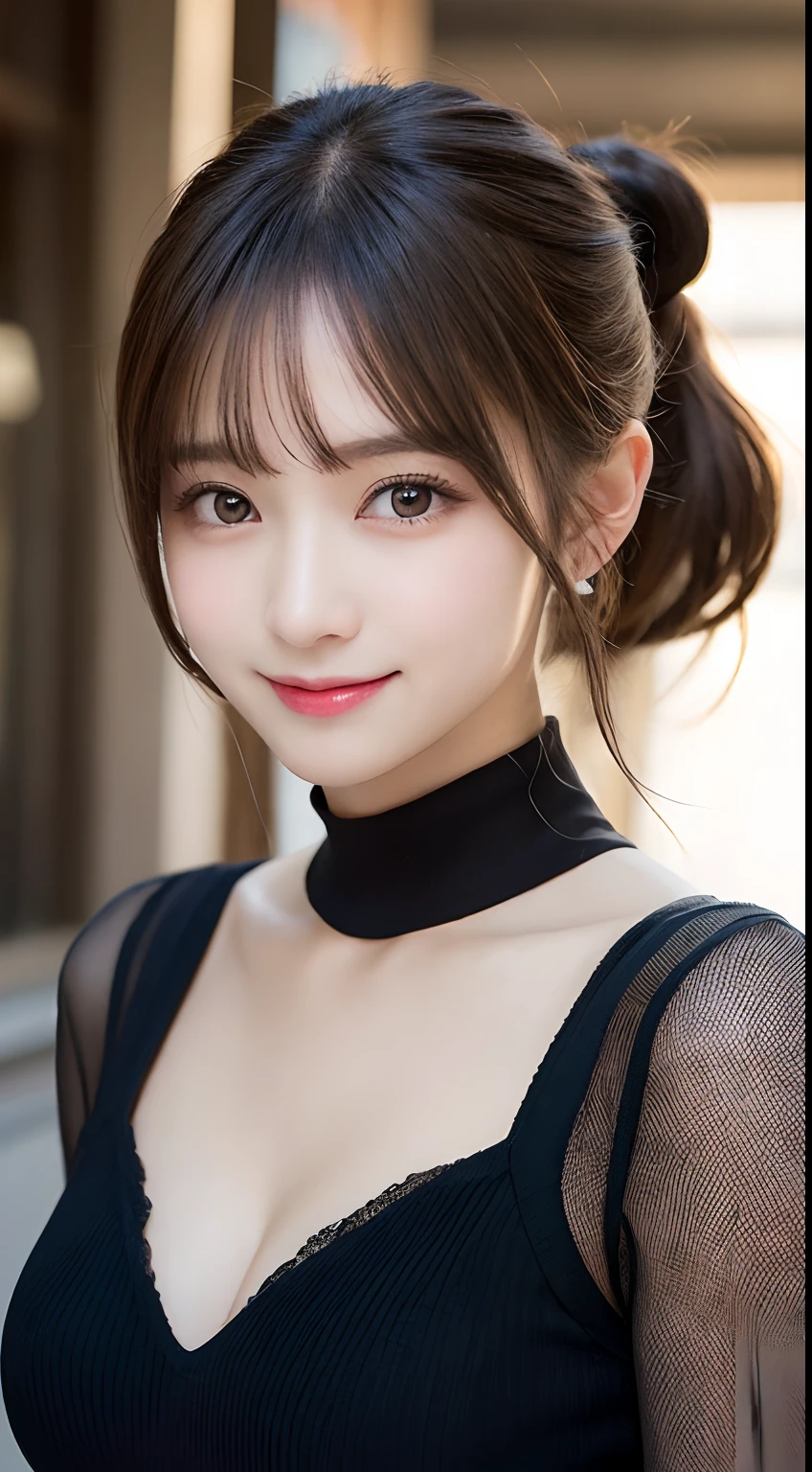masutepiece, Best Quality, Illustration, Ultra-detailed, finely detail, hight resolution, 8K Wallpaper, Perfect dynamic composition, Beautiful detailed eyes, Women's Fashion Winter,Ponytail hair,Small breasts natural color lip, Bold sexy poses,Smile,Harajuku、20 years girl、Cute、Sexy shot looking at camera