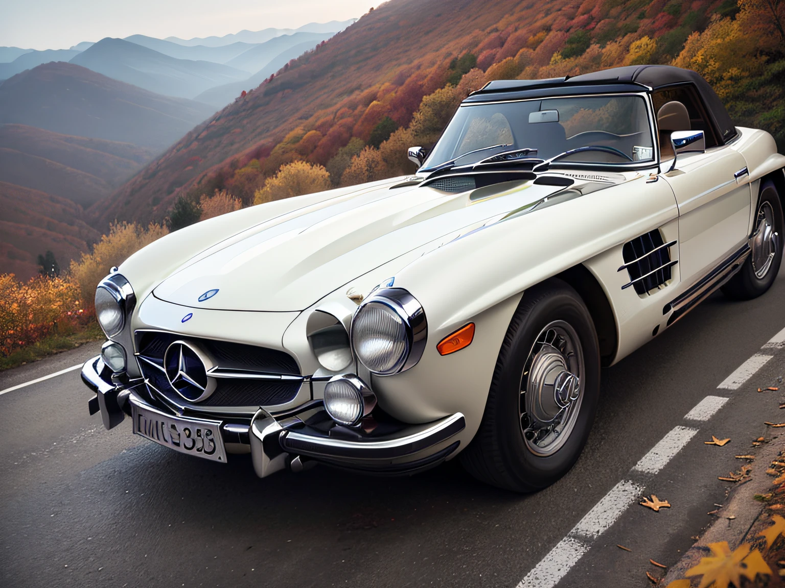 超A high resolution、An ultra-high picture quality、8K、Detailed details、marvelous expression、Late autumn valley、Beautiful autumn leaves、A white car driving gracefully on a mountain pass built along the mountain、((Mercedes-Benz 300SLR Uhlenhout Coupe))