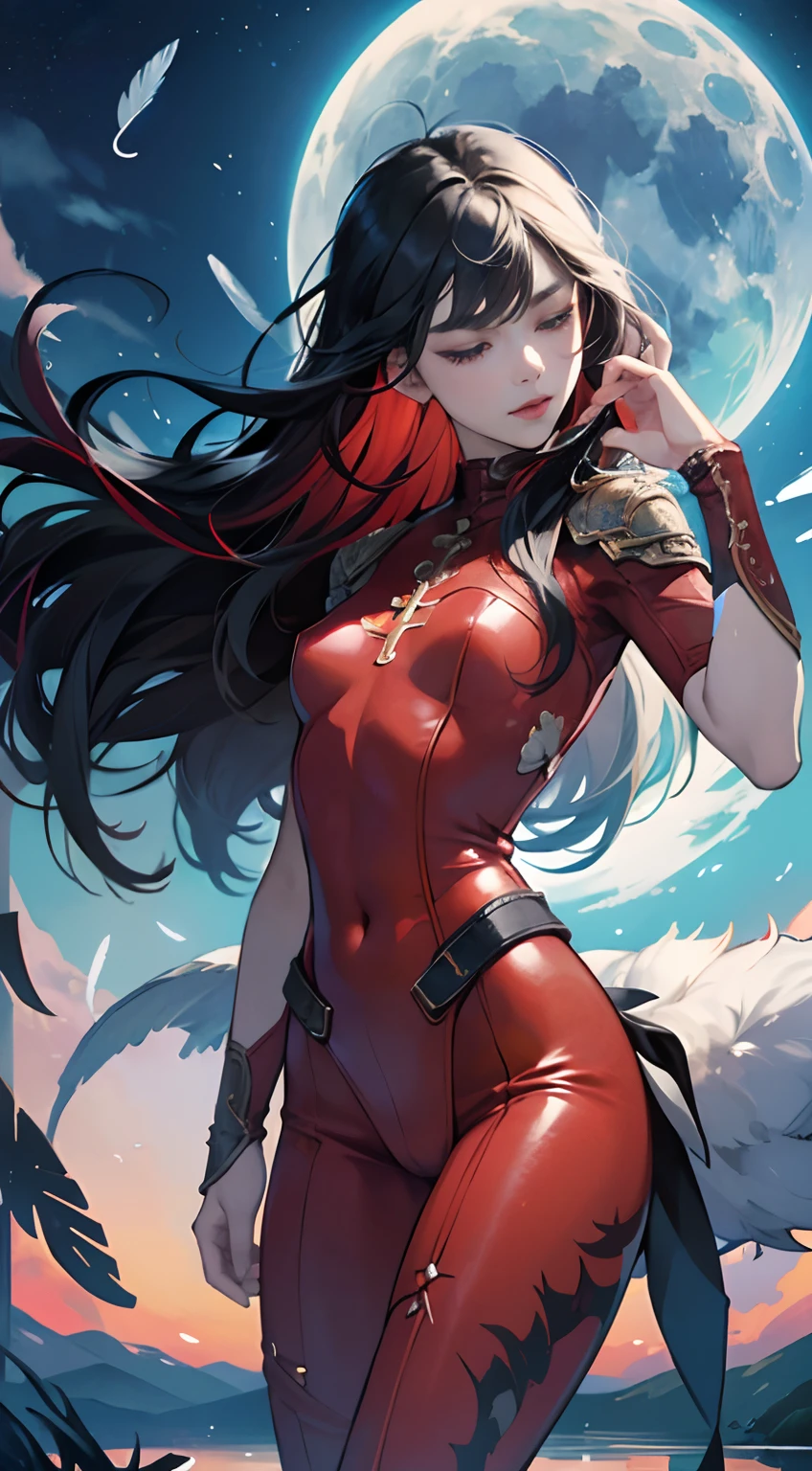 (Best Quality,4K,High resolution),Standing on a lake of water reflected in the mirror、White Full Moon Background、Cover the whole thing with a feather frame、Red highlights on black hair、Long straight hair、eye closed、Sleeping Woman、Small、long lashes、Red Eyeliner、Sexy red lips、FULL BODYSHOT、Delicately expresses realistic smooth skin texture down to the smallest detail、Realistic body representation、Red leather bodysuit with intricate embellishments、cross belt、Left and right contrast、Fashion Model Pose、Photographic depiction like a model、photoRealstic、The whole area is filled with countless feathers、Blue Light Leak Screen Effects