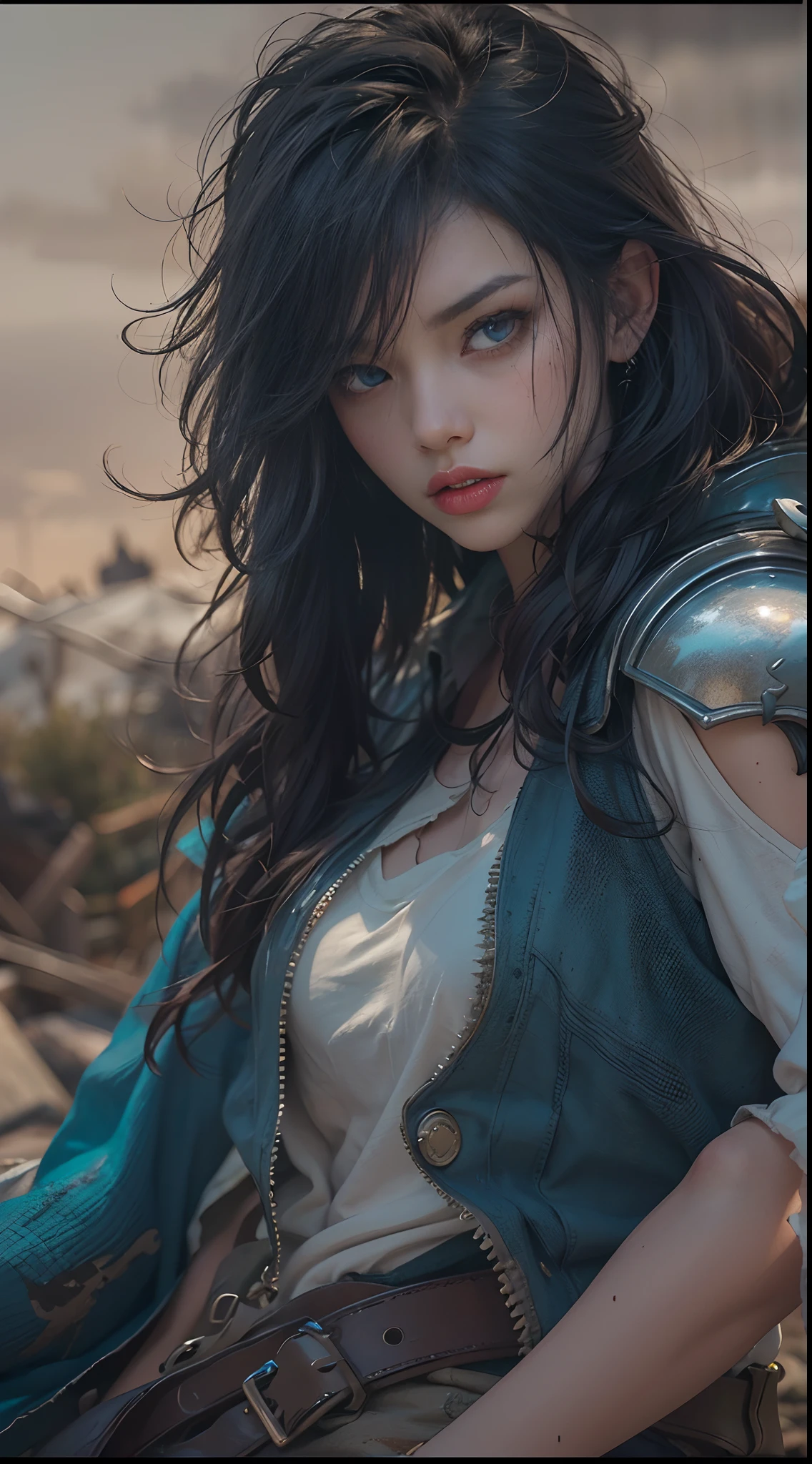 Yael Shelbia(Beautiful and bold、captivating and enticing、blue eyess、pointed breast、long curly black hair、Sweaty body、Open shirt、Short shorts、boots、short gloves、thick leg)。(Deserted roads、Dirt road、fumo、Abandoned cars、newspaper、Abandoned objects、Body lying on the ground、Abandoned roads、Apocalyptic landscape、Movie Effects)、(top-quality、masterpiece、depth of fields、Full-HD、4K、richness of detail)。Portrait Style、Fist of the North Star、Screaming、(((He wears armor on both shoulders)))、holding weapons