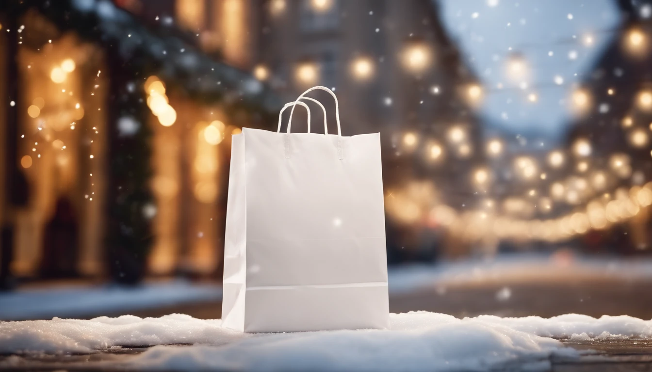 A blank white shopping bag mockup on a snowy city street, surrounded by festive holiday decorations and twinkling lights.