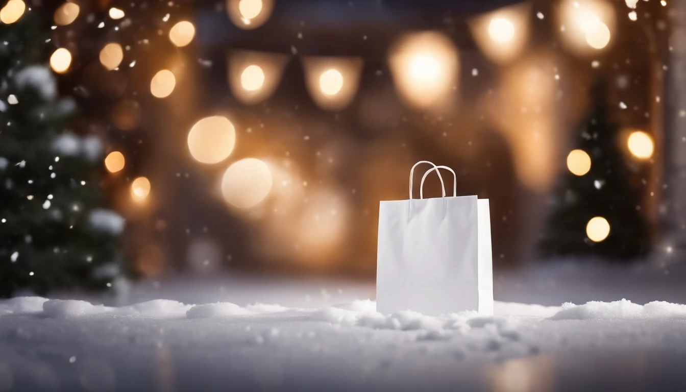A blank white shopping bag mockup on a snowy city street, surrounded by festive holiday decorations and twinkling lights.