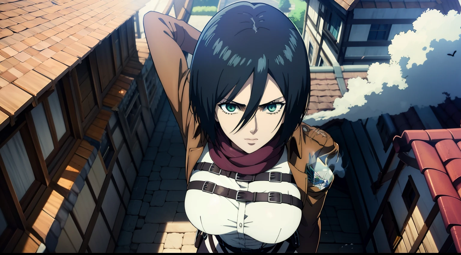 Sexy, combat stance, Super Epic Composition, aot style, Shingeki no Kyojin, mikasa ackerman, 1girl, in full height (Body Full 1.1), Hand strap, quiff, black  hair, Black pants, 가슴, green colored eyes, Hair between the eyes, turnstile, long sleeves, looks at the viewer, Average Breasts,, breeches, red scarf, a scarf, Shirt, Short Hair Hair, Roof of the city, roof, Sun, In the air, Holds blades in his hands, jump, Smoke, 独奏, hip belt, white  shirt, Scientific Research Building \(Emblem\), ((tmasterpiece)), beste-Qualit, Sex, hooligan, waist, legsupms, buttocks, 가슴, (Body Full 1.1), Camera from above, Frame from above, the night, Lights, looks at the viewer, ssmile, grin, criminal, laughting, Cool anime 8K, Clean and detailed anime art, 4K Manga Wallpapers, Подробный портрет Anime Girl, Anime 4K Style, Anime Art Wallpapers 4K, Anime Art Wallpaper 4K Masterpiece, Gorgeous, Best Quality,