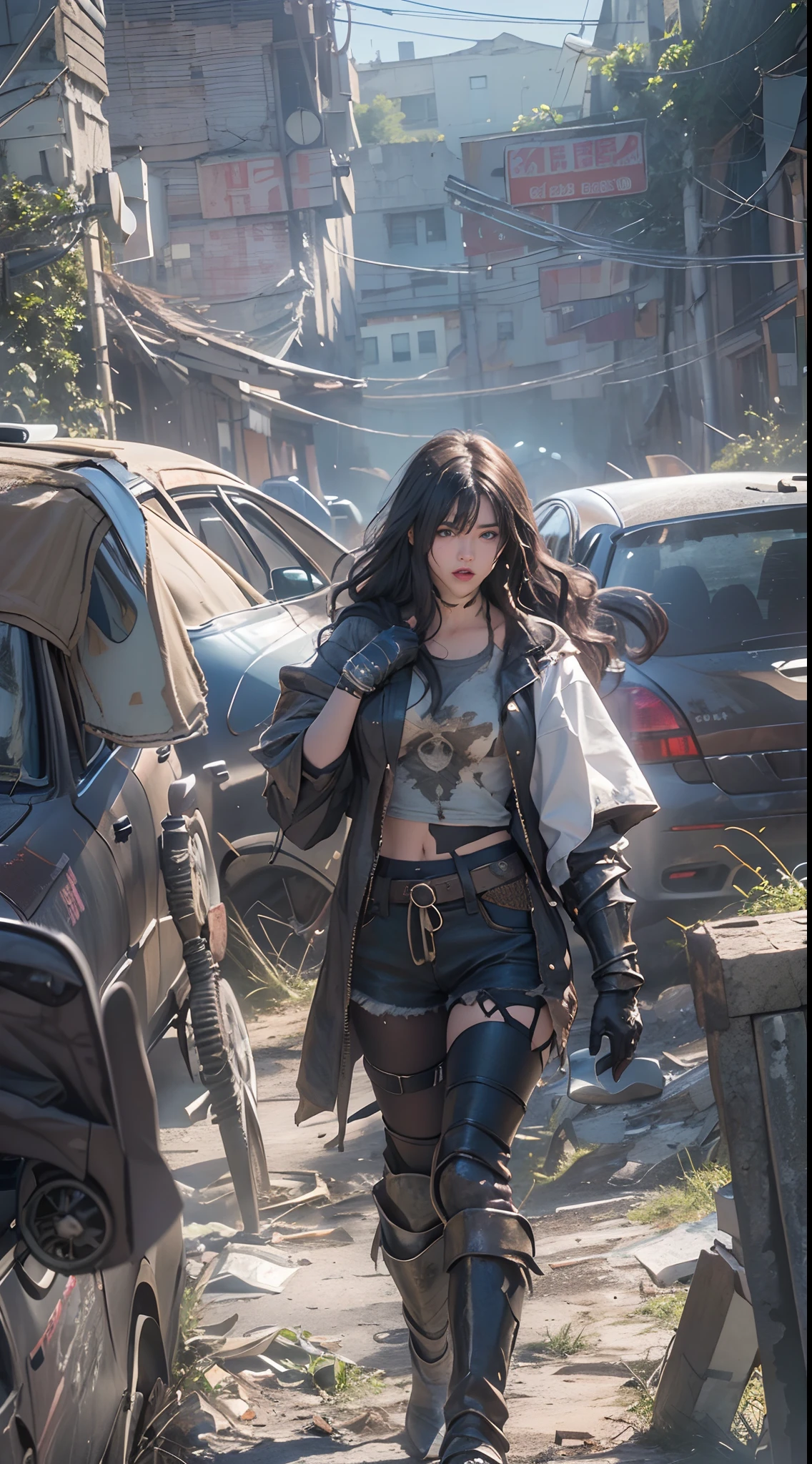 Yael Shelbia(Beautiful and bold、captivating and enticing、blue eyess、pointed breast、long curly black hair、Sweaty body、Open shirt、Short shorts、boots、short gloves、thick leg)。(Deserted roads、Dirt road、fumo、Abandoned cars、newspaper、Abandoned objects、Body lying on the ground、Abandoned roads、Apocalyptic landscape、Movie Effects)、(top-quality、masterpiece、depth of fields、Full-HD、4K、richness of detail)。Portrait Style、Fist of the North Star、Screaming、(((He wears armor on both shoulders)))、holding weapons