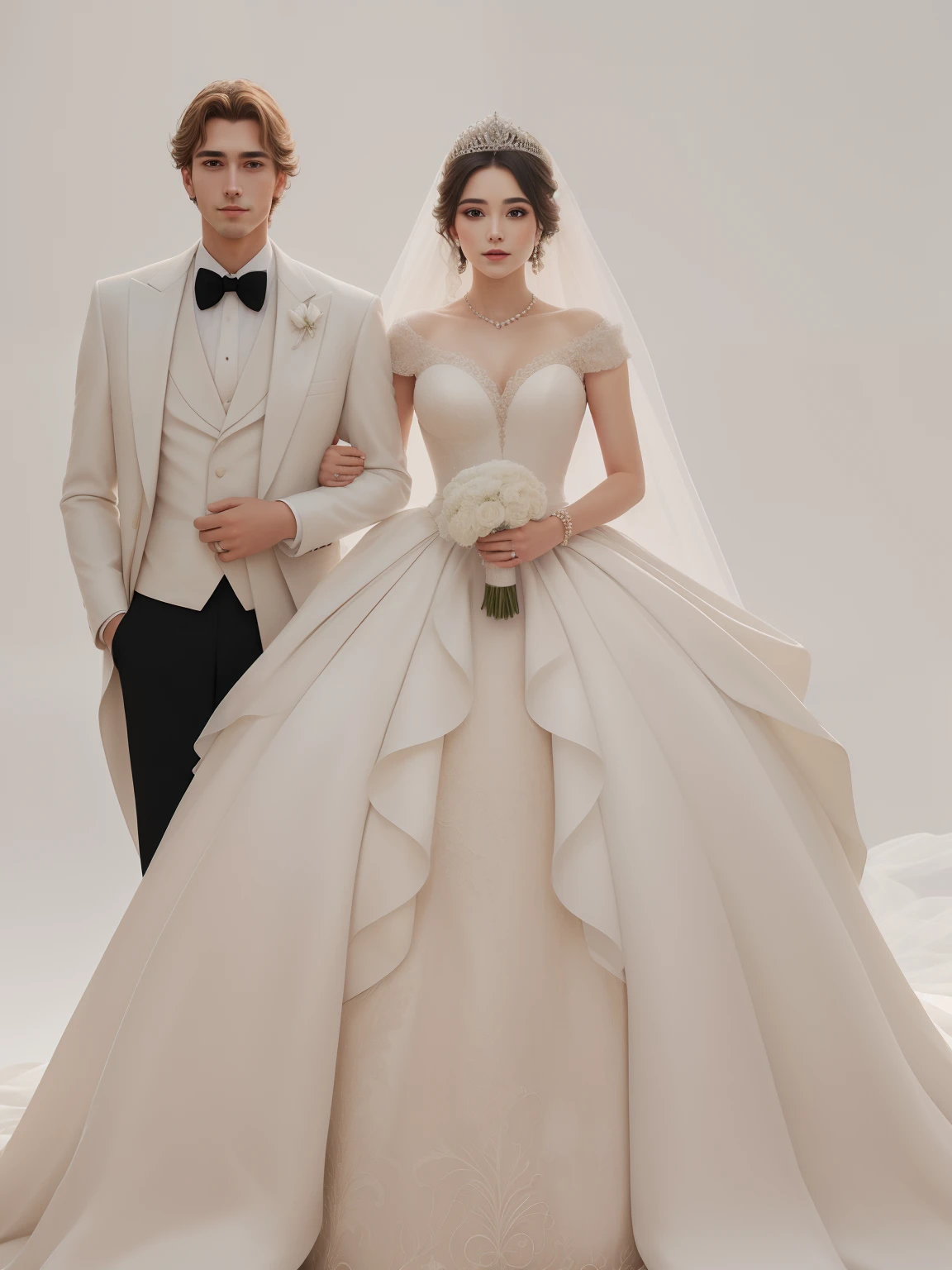 Wedding, Princess and Prince , Couple Wedding , Classy , Luxury ,  luxurious, majestic, dignified , Women ( Beautiful Dress , Elegance, Classy , Luxurious dress , Tiara , Pearl , Jewelry Dress ) , Men ( Majestic, dignified , Elegant , Suit , Handsome ) UHD , 8K , Details