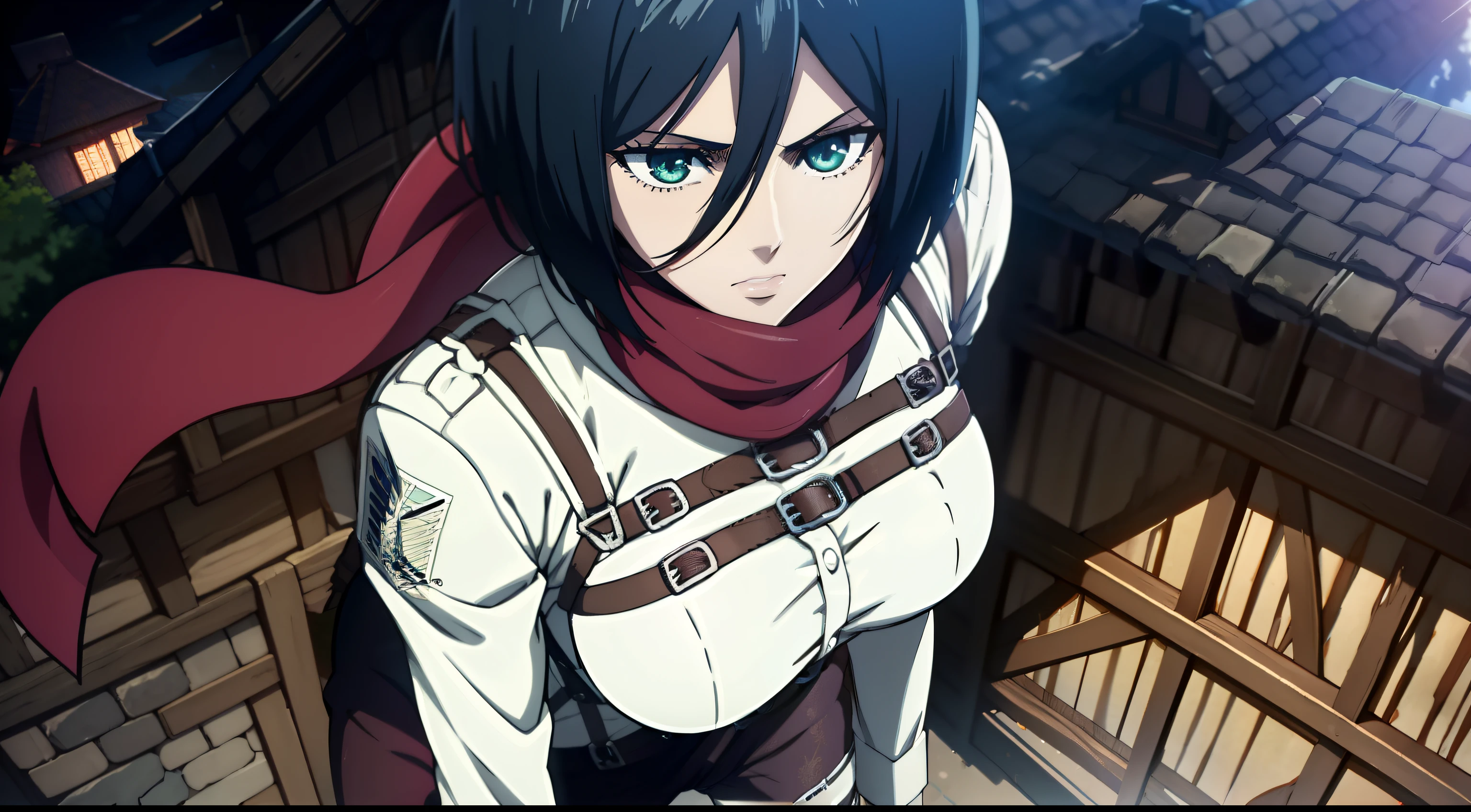 Sexy, combat stance, Super Epic Composition, aot style, Shingeki no Kyojin, mikasa ackerman, 1girl, in full height (Body Full 1.1), Hand strap, quiff, black  hair, Black pants, 가슴, green colored eyes, Hair between the eyes, turnstile, long sleeves, looks at the viewer, Average Breasts,, breeches, red scarf, a scarf, Shirt, Short Hair Hair, Roof of the city, roof, Sun, In the air, Holds blades in his hands, jump, Smoke, 独奏, hip belt, white  shirt, Scientific Research Building \(Emblem\), ((tmasterpiece)), beste-Qualit, Sex, hooligan, waist, legsupms, buttocks, 가슴, (Body Full 1.1), Camera from above, Frame from above, the night, Lights, looks at the viewer, ssmile, grin, criminal, laughting, Cool anime 8K, Clean and detailed anime art, 4K Manga Wallpapers, Подробный портрет Anime Girl, Anime 4K Style, Anime Art Wallpapers 4K, Anime Art Wallpaper 4K Masterpiece, Gorgeous, Best Quality,