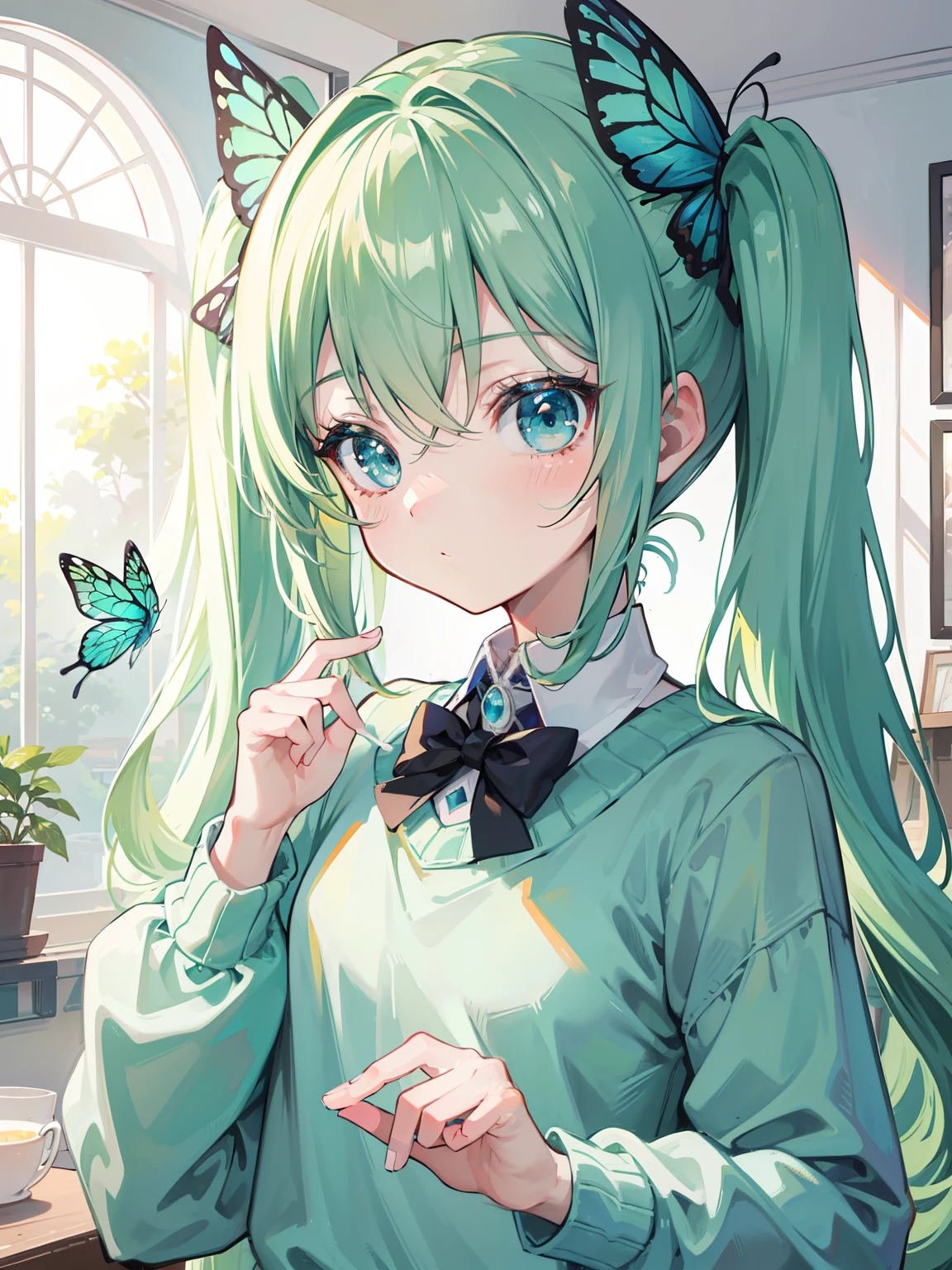 {{best quality}}, {{masterpiece}}, {{ultra-detailed}}, {illustration}, {detailed light}, Light green hair, blue eyes, girl, little girl, butterfly, sweater, long sleeve, green sweater,Twintails,loli,cute,Kawaii