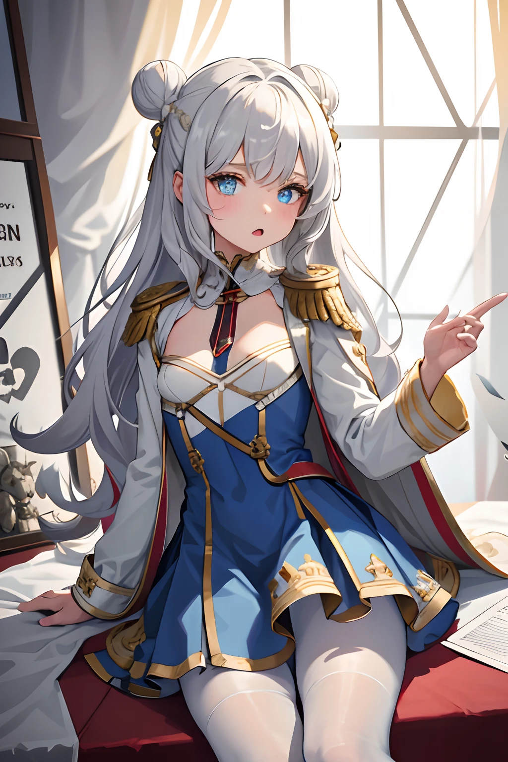 1girl, masterclass, best quality, ultra-detailed, illustration, indoors, small breasts, double bun, blue dress, white pantyhose, LeMalinDefault, epaulettes, pleated dress, coat, gray hair, very young,