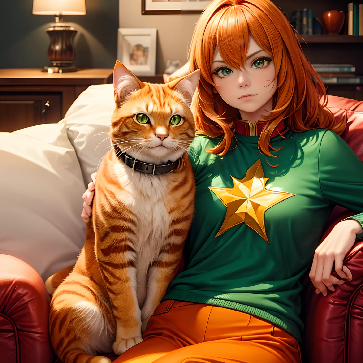 A fluffy orange tabby cat with green eyes and a red collar. The cat  and Captain Marvel are sitting on the same couch and looking at the camera with a curious expression.