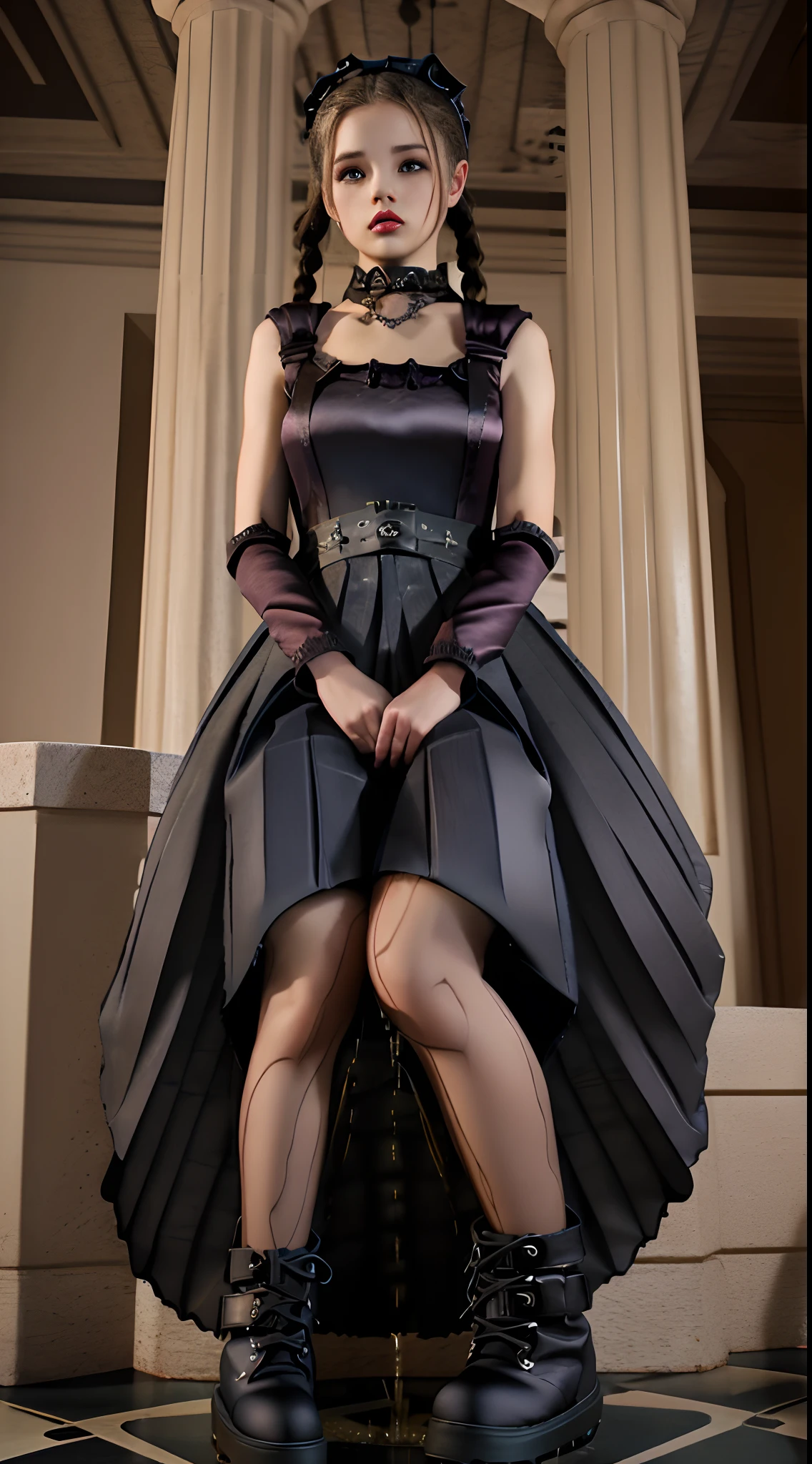 16k resolution, beautiful supermodel, highres, RAW photo, absurdres, full body portrait, Masterpiece, best quality, (very detailed CG Unity 16k wallpaper), (best quality), (best illustration), (best shadow), (beautiful woman Forced to pee herself standing in line for the bathroom: 1.5), needs to pee very urgently, (grabbing sides of ballgown skirt curtsy: 1.7), defeated accepting the inevitable peeing herself (pees herself standing in long line of girls waiting for the bathroom: 1.5) (puddle forming under ballgown:1.4), (thick satin gothic long floor length pleated ballgown skirt:1.8) (satin gothic pleated ballgown: 1.8) (large breasts: 1.6) (corset halter: 1.5) (knee high combat boots:1.4), long braided pigtails, sadness, red lips, embarrassed, blushing, ashamed, silently crying, (legs crossed trying to close her pee hole: 1.5),