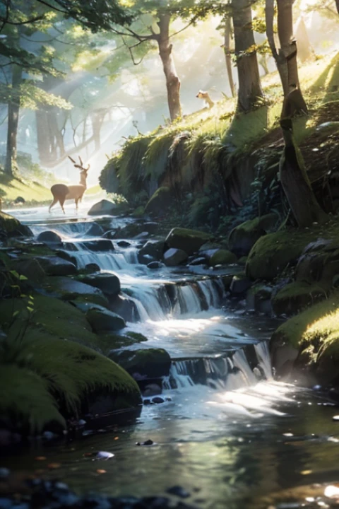 The crisp chirping of deer came from the mountains，Corresponding to the sound of the stream and，A white fawn on the edge of a clear stream and whom，Lush woods surround it，The soft sunlight shines on its body