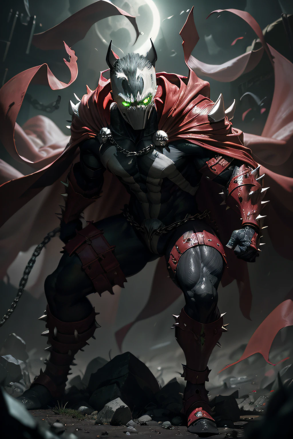 pixar style, focus on eyes, spawn2023, long red collar, red cowl, red cape, chains, skulls, glowing green eyes, textured suit, red gauntlets, spikes, dramatic lighting, 8k, muscular, uhd, best quality, award winning photo, rtx on, unreal engine 5, absurdres, long cape, large red boot, large gauntlet, flowing cape, asymmetrical red Armor,  mask, night, dramatic lighting, epic red cape, wide shoulders, spike shoulders, silver chain, cgi, flying pose