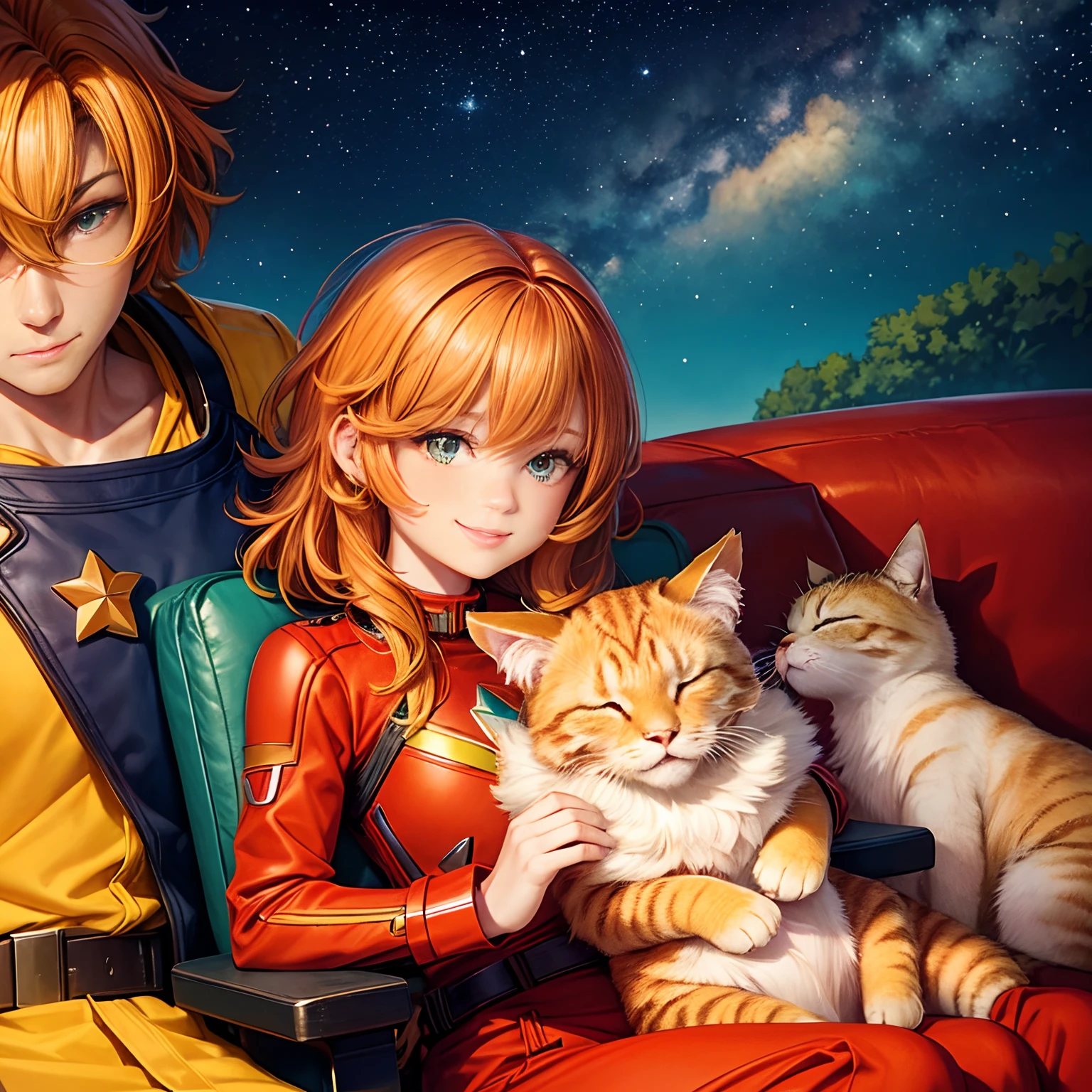 A fluffy orange tabby cat with green eyes and a red collar. The cat is sleeping on the lap of Captain Marvel, who is wearing her blue and red suit and smiling at the camera. Behind them is a starry sky and a spaceship.