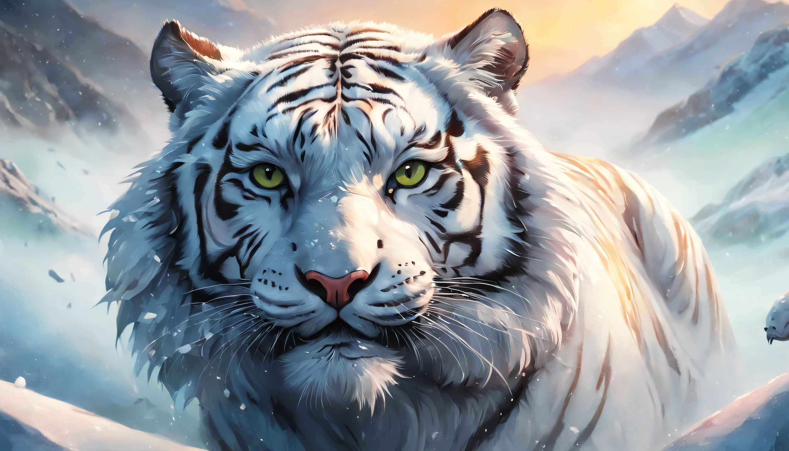 Dream illustration, fairytale-like, Oil painting, 8K, HD, A big white tiger roared, Background, Beautiful snow-capped peaks, Blizzarding, HD, Golden, Light yellow, Light blue-green, carmine, verde claro, sunrise colors, Golden light atmosphere (Digital drawing:1.2), Comic style, ToonYou Style, Illustrative funk, Counterwave graffiti, Perspective view, Extreme Face Close-Up, tee shirt graphic, Ultra HD, Realistic, Vivid colors, Highly detailed, Ultra HD drawing, pen and ink, Perfectcomposition, beautiful detailed intricate insanely detailed octane render trending on artstation, 8K Art Photography, Arte conceptual fotorrealista, soft natural volumetric cinematic perfect light