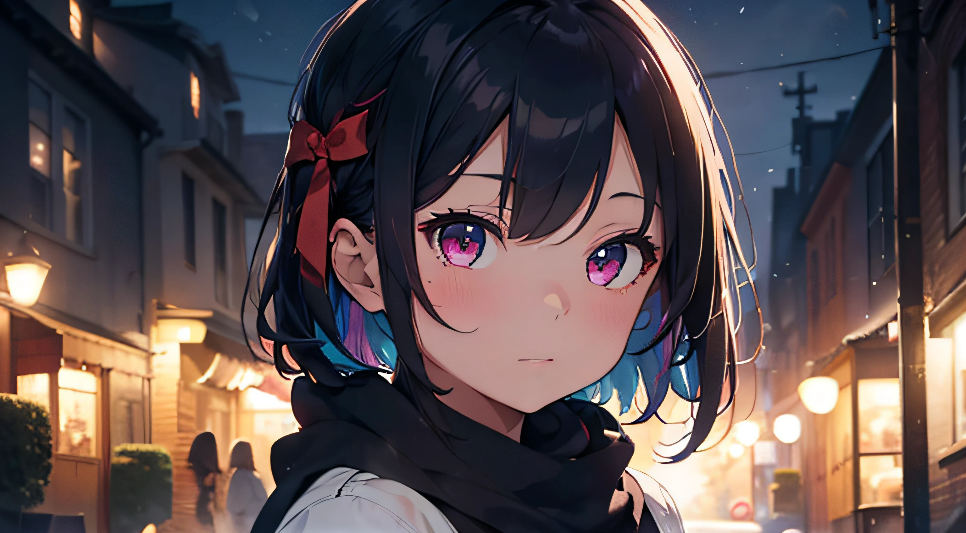 mastepiece, profesional artwork, sharp image, best quality, high quality, ultra quality, 1girl, dark cyan and purple hair, multicolored hair,short hair, straight hair, casualwear, scarf, small breast, upper body, face focus, beautiful eyes, red eyes, glowing eyes, forest, falling leaves, outdoor, depth of field, moonlight, dust, night, beautiful lighting, detailed face, detailed background, detailed picture, blush, deatiled texture, bokeh background, heart eyes, hair ribbon, hair ornament, hair decoration, decoration, detailed decoration, cool look, feminime, look away, mature, low angle camera, modern, relaxing, dark night, glowing eyes, profile, modern clothes