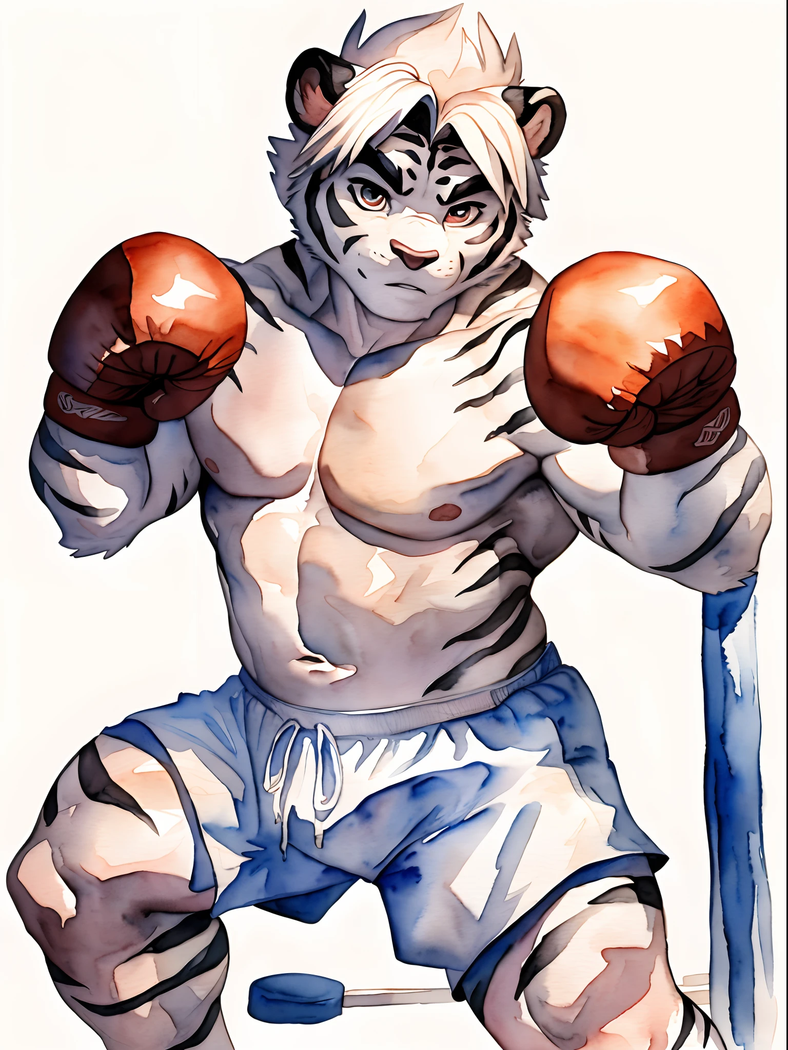 Hominidae, Pose for Camera. 4K, high resolution, Best quality, posted on e621, (Two anthropomorphic white tigers:1.2), male people, 20yr old, Thick eyebrows, Light blue stripes, Ultra-short hair, shaggy, Strong body, large pecs, ((Shirtless)), They are practicing boxing, Pink milk clusters, sweat leggs, White skinny shorts, Small raised, In the gym, (sport, Muscular, Heavyweight:1.2), Correct anatomy, (White background, Watercolor background:1.1), (by Chunie, author:Taran Fidler:0.8), (Detailed eyes:1.2), Sexy, (cel-shaded:1.2), cartoon shading, (aquarelle:1.2), Serious expressions, Be red in the face, (view the viewer:1.2)