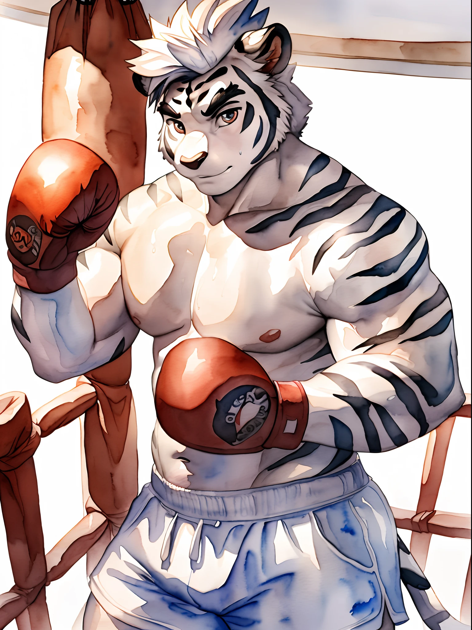Hominidae, Pose for Camera. 4K, high resolution, Best quality, posted on e621, (Two anthropomorphic white tigers:1.2), male people, 20yr old, Thick eyebrows, Light blue stripes, Ultra-short hair, shaggy, Strong body, large pecs, ((Shirtless)), They are practicing boxing, Pink milk clusters, sweat leggs, White skinny shorts, Small raised, In the gym, (sport, Muscular, Heavyweight:1.2), Correct anatomy, (White background, Watercolor background:1.1), (by Chunie, author:Taran Fidler:0.8), (Detailed eyes:1.2), Sexy, (cel-shaded:1.2), cartoon shading, (aquarelle:1.2), Serious expressions, Be red in the face, (view the viewer:1.2)