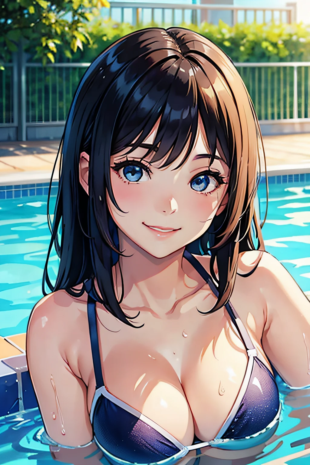 Beautiful girl smiling by the pool、Close-up of the face of the upper body