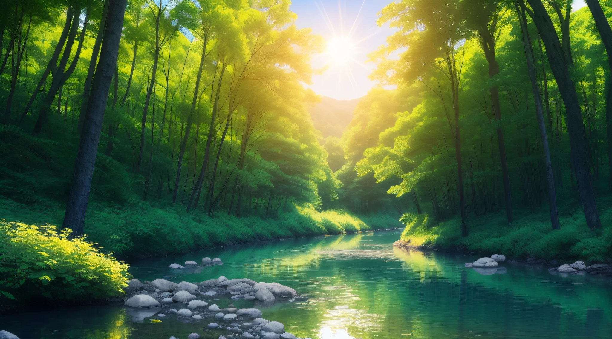(64K, UHD, ultra wide, natural), (anime pictures, peaceful), sad beautiful forest, river and clear water, birth, wind , sun rise, blue res sky