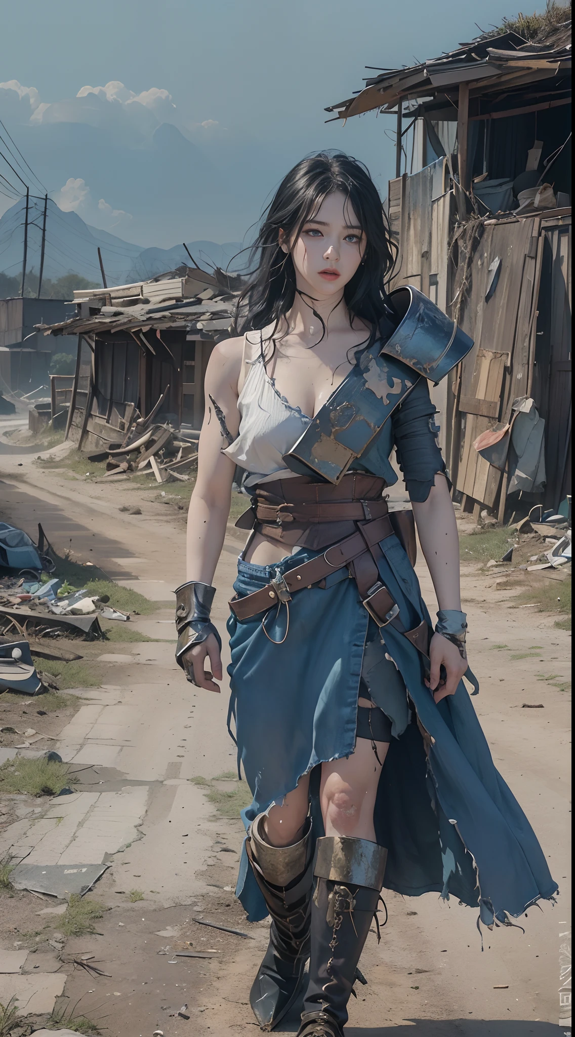 Yael Shelbia(Beautiful and bold、captivating and enticing、blue eyess、pointed breast、long curly black hair、Sweaty body、Open shirt、Short shorts、boots、short gloves、thick leg)。(Deserted roads、Dirt road、fumo、Abandoned cars、newspaper、Abandoned objects、Body lying on the ground、Abandoned roads、Apocalyptic landscape、Movie Effects)、(top-quality、masterpiece、depth of fields、Full-HD、4K、richness of detail)。Portrait Style、Fist of the North Star、Screaming、(((He wears armor on both shoulders)))、holding weapons