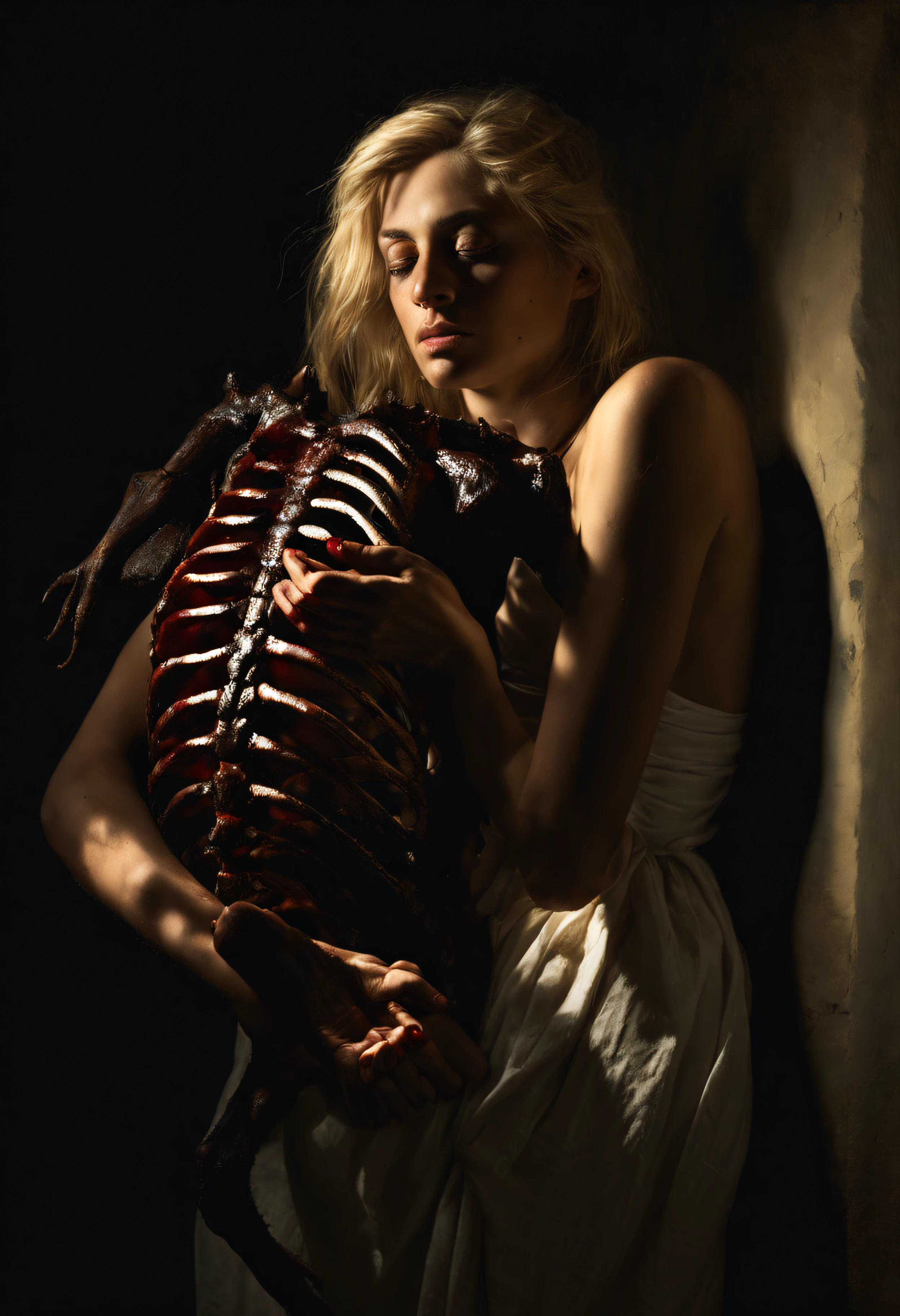 "(The best lighting, alto contraste, oscuro, dramatic),(Chica rubia junto a una cabra negra gigante, Open the rib cage, feto, autopsia, huesos humanos, sangre por las paredes). Luz Caravaggio"