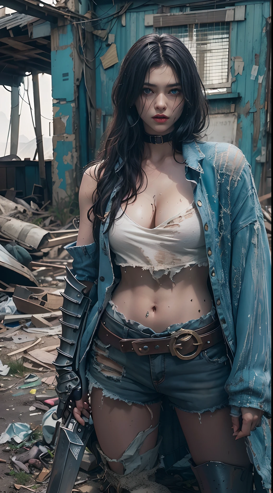 Yael Shelbia(Beautiful and bold、captivating and enticing、blue eyess、pointed breast、long curly black hair、Sweaty body、Open shirt、Short shorts、boots、short gloves、thick leg)。(Deserted roads、Dirt road、fumo、Abandoned cars、newspaper、Abandoned objects、Body lying on the ground、Abandoned roads、Apocalyptic landscape、Movie Effects)、(top-quality、​masterpiece、depth of fields、Full-HD、4K、richness of detail)。Portrait Style、Fist of the North Star、Screaming、(((He wears armor on both shoulders)))、holding weapons