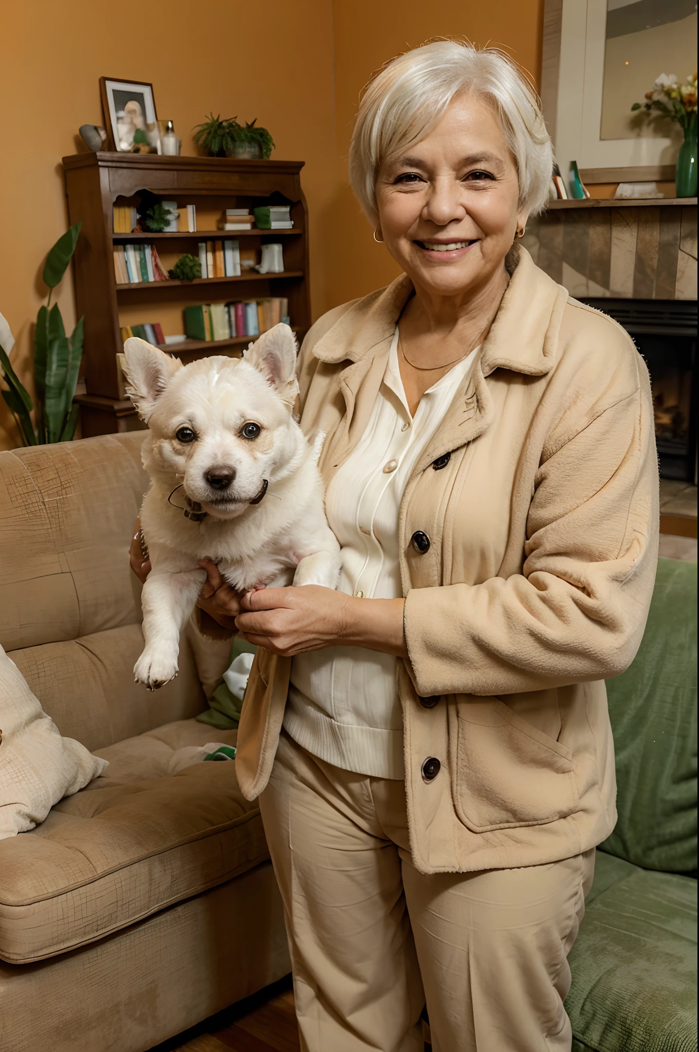 Elderly woman, brazilian, chubby, short white hair, (Smiling with a little dog in his hand), (Wearing a beige coat and pants). Standing in the living room of the house, (The background of the image is orange with some books and a green couch to the background) Background is blurred