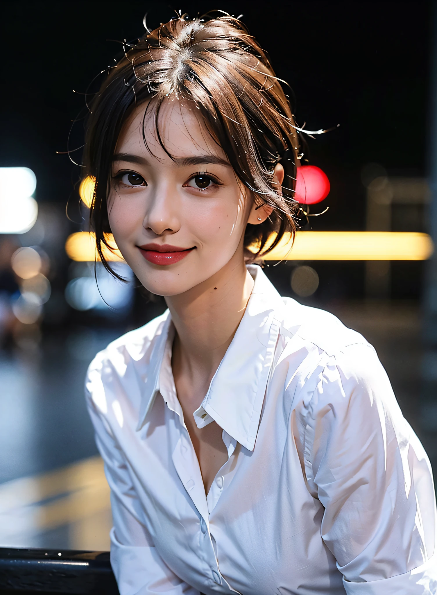 (8K, Best quality, Masterpiece:1.2), (Realistic, photo-realistic:1.37), Ultra-detailed, 1 girl,Cute, Solo,Beautiful detailed sky,Detailed Cafe,Night,Sitting,dated,(nose blush),(Smile:1.15),(Closed mouth) Small breasts,Beautiful detailed eyes,(Collared shirt:1.1), Night, Wet,Business attire, rain,White lace, (Short hair:1.2),Floating hair NovaFrogStyle,