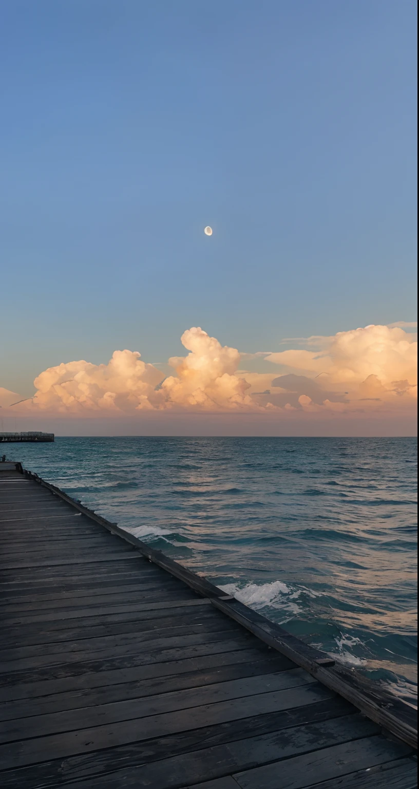 This is an image of a wooden pier extending into the ocean with a beautiful sunset in the background. The pier is made of wooden planks and has a railing on the left side. The ocean is a blue-green color and the waves gently lap against the pier. The sky is an orange color with fluffy clouds. The sun is setting behind the clouds, creating a beautiful glow. The moon is visible in the sky above the clouds. It's a very beautiful and peaceful image