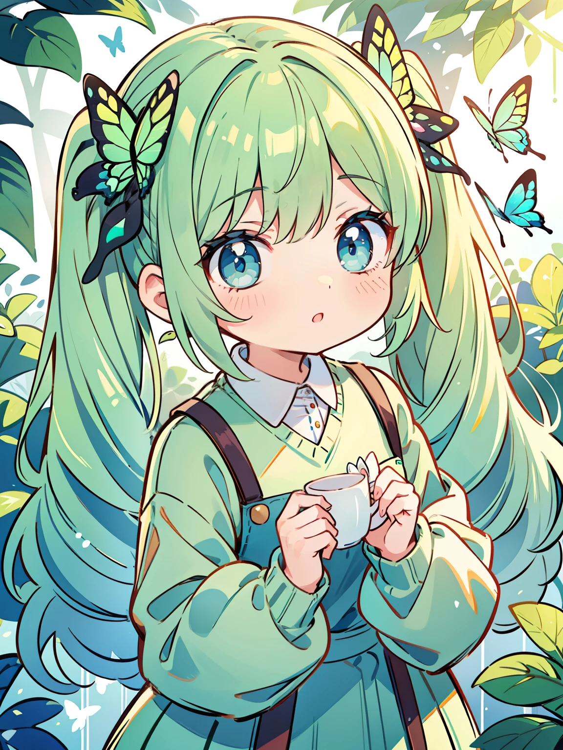 {{best quality}}, {{masterpiece}}, {{ultra-detailed}}, {illustration}, {detailed light}, Light green hair, blue eyes, girl, little girl, butterfly, sweater, long sleeve, green sweater,Twintails,loli,cute,Kawaii