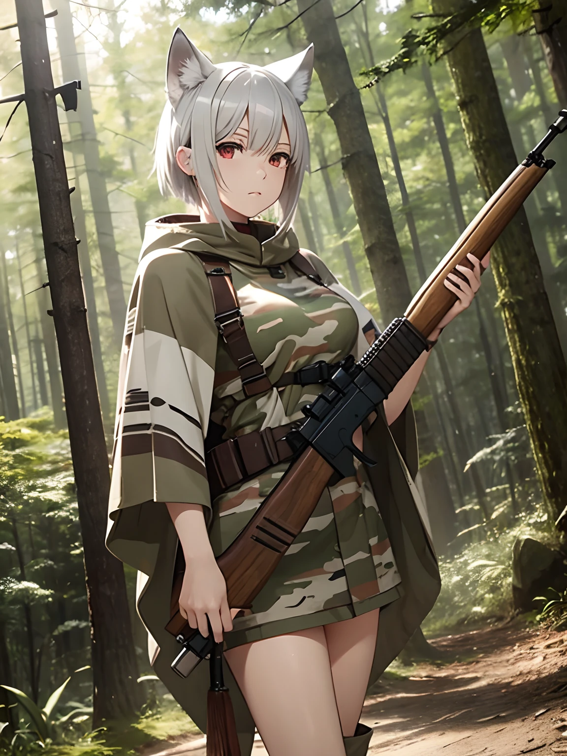 deadpan、short silver hair、Long sideburns、Sharp eyes、Red eyes、Camouflage poncho、Brown boots、Wooden rifle、in woods。top-quality、Cinematic、Female Solo、24 year old、large full breasts、tall、White wolf ears、White wolftail