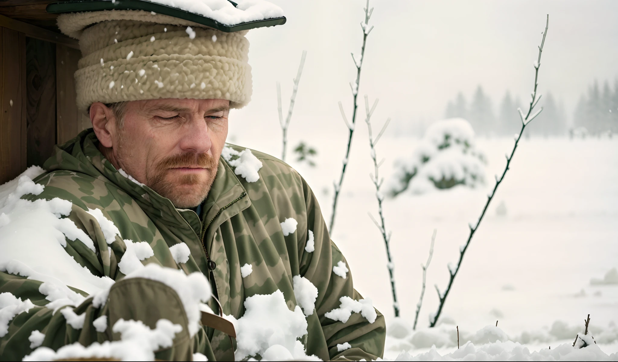 Man lying in the snow with a hat and camouflage jacket, Snow camouflage, blanketed in a mantle of snow, Extreme cold, Covered in ice, blanketed in a mantle of snow, cold temperature, Cold weather，weak，With his eyes closed