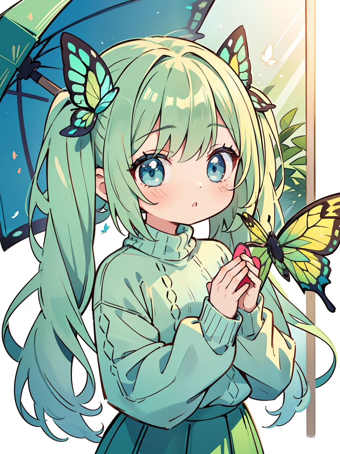 {{best quality}}, {{masterpiece}}, {{ultra-detailed}}, {illustration}, {detailed light}, Light green hair, blue eyes, girl, little girl, butterfly, sweater, long sleeve, green sweater,Twintails,loli,cute,Kawaii
