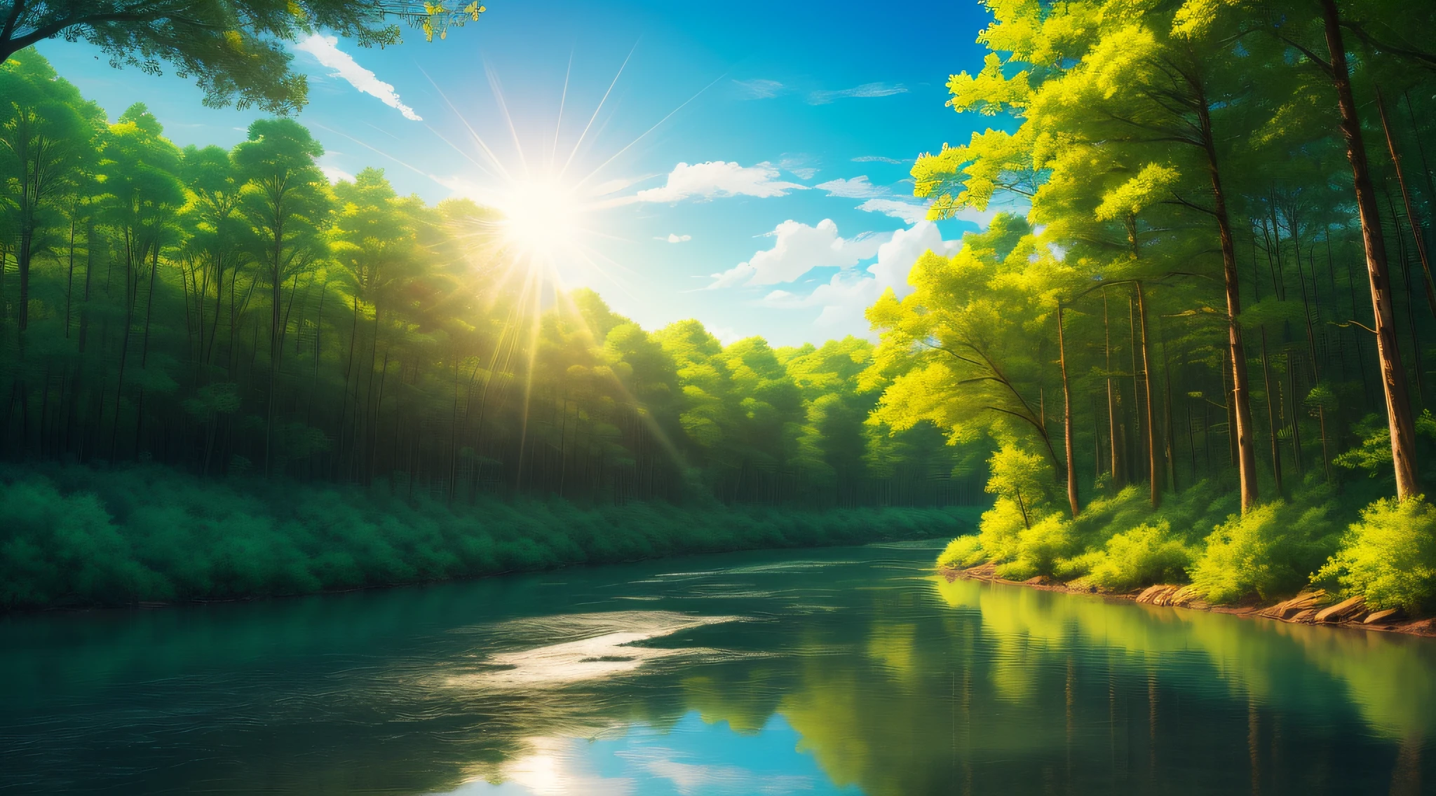 (64K, UHD, ultra wide, natural), (anime pictures, peaceful), sad beautiful forest, river and clear water, birth, wind , sun rise, blue res sky