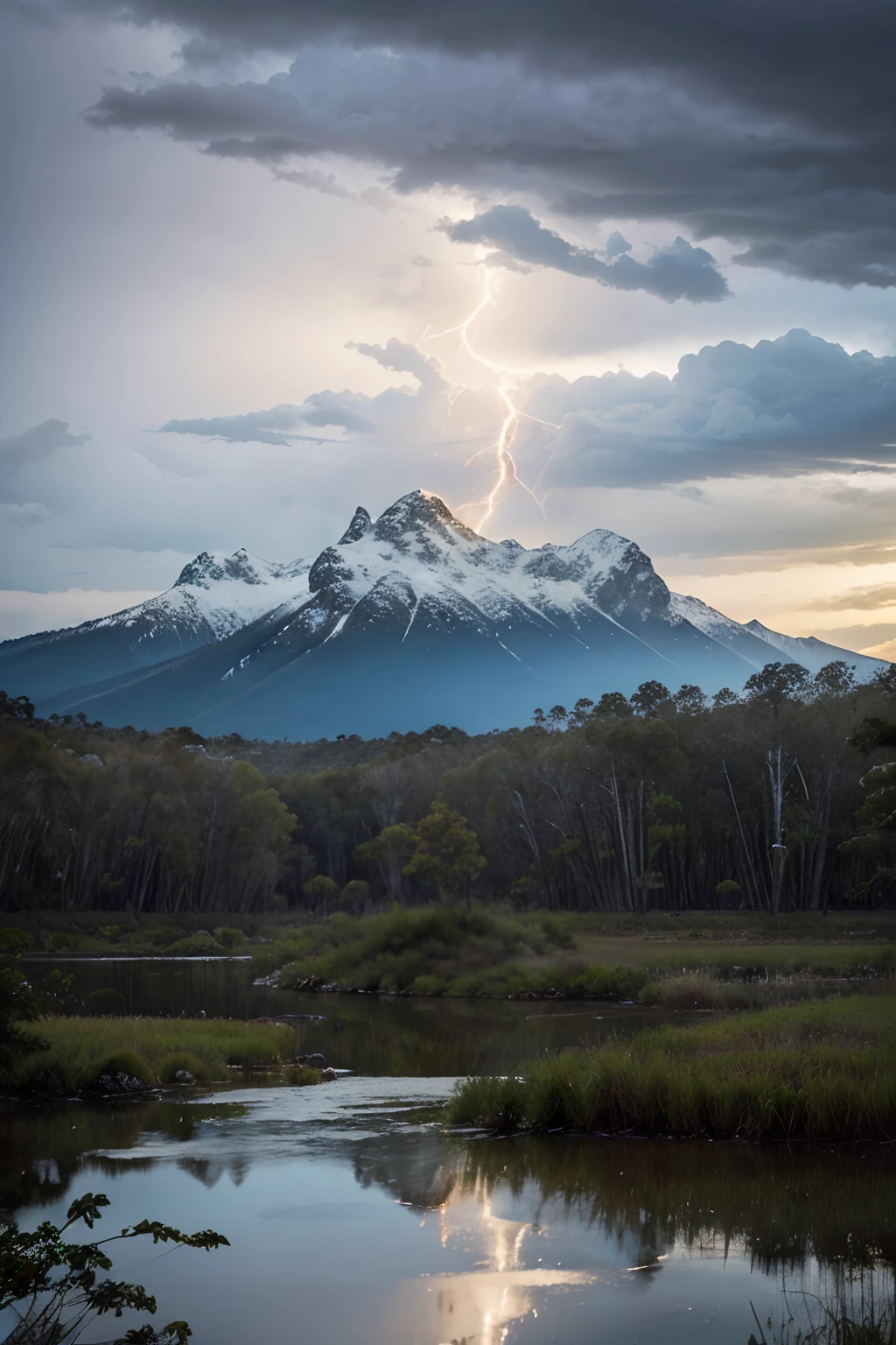 Snowy Mountains, utopian Swamp, Jungle, Water, Small island, realistic, solid ground area in lower part of picture, lightning strike