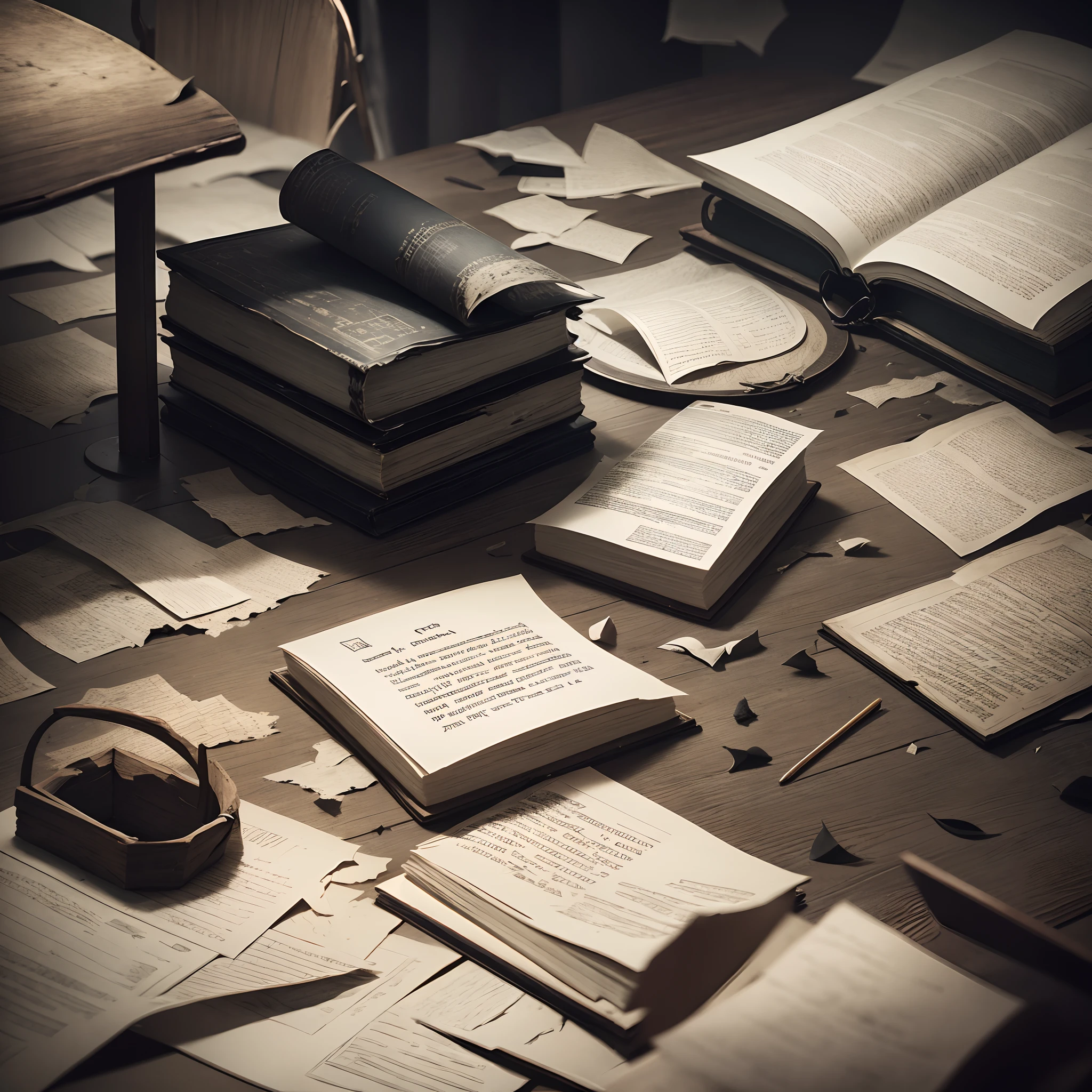 Dark gloomy room, dim light, table, crumbled paper, torn pages, maps, dark clouds