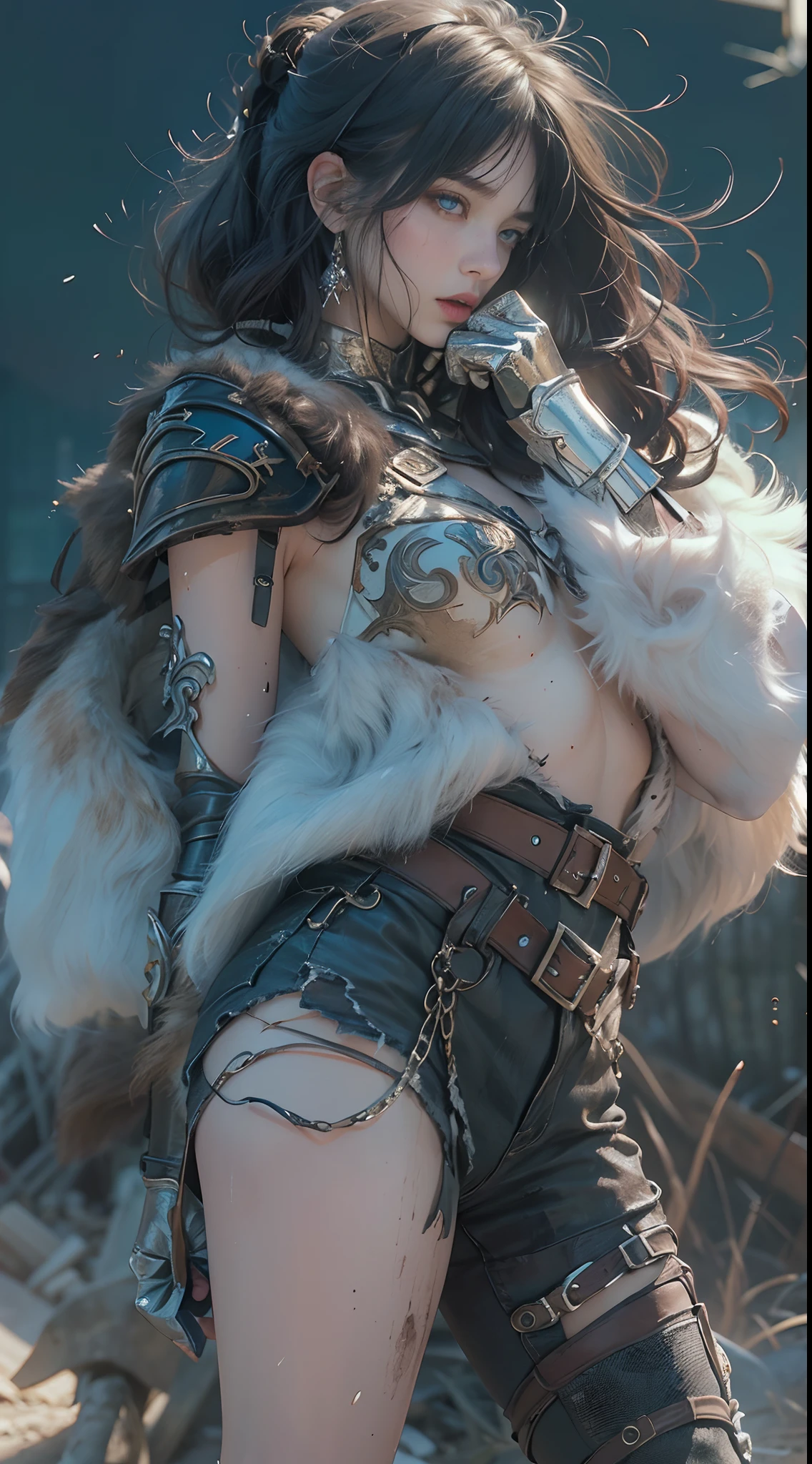 Yael Shelbia(Beautiful and bold、captivating and enticing、blue eyess、pointed breast、long curly black hair、Sweaty body、Open shirt、Short shorts、boots、short gloves、thick leg)。(Deserted roads、Dirt road、fumo、Abandoned cars、newspaper、Abandoned objects、Body lying on the ground、Abandoned roads、Apocalyptic landscape、Movie Effects)、(top-quality、masterpiece、depth of fields、Full-HD、4K、richness of detail)。Portrait Style、Fist of the North Star、Screaming、(((He wears armor on both shoulders)))、holding weapons