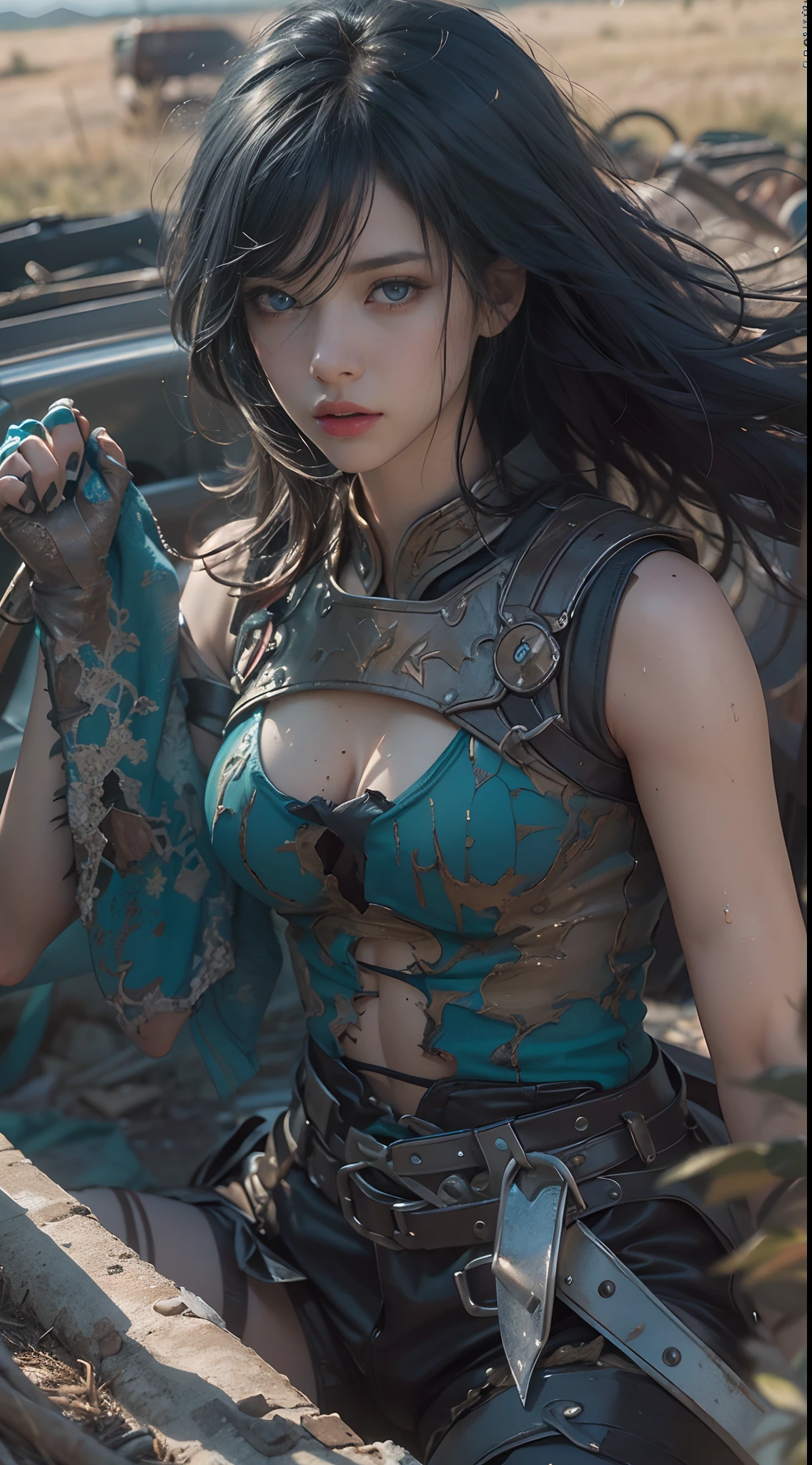 Yael Shelbia(Beautiful and bold、captivating and enticing、blue eyess、pointed breast、long curly black hair、Sweaty body、Open shirt、Short shorts、boots、short gloves、thick leg)。(Deserted roads、Dirt road、fumo、Abandoned cars、newspaper、Abandoned objects、Body lying on the ground、Abandoned roads、Apocalyptic landscape、Movie Effects)、(top-quality、masterpiece、depth of fields、Full-HD、4K、richness of detail)。Portrait Style、Fist of the North Star、Screaming、(((He wears armor on both shoulders)))、holding weapons