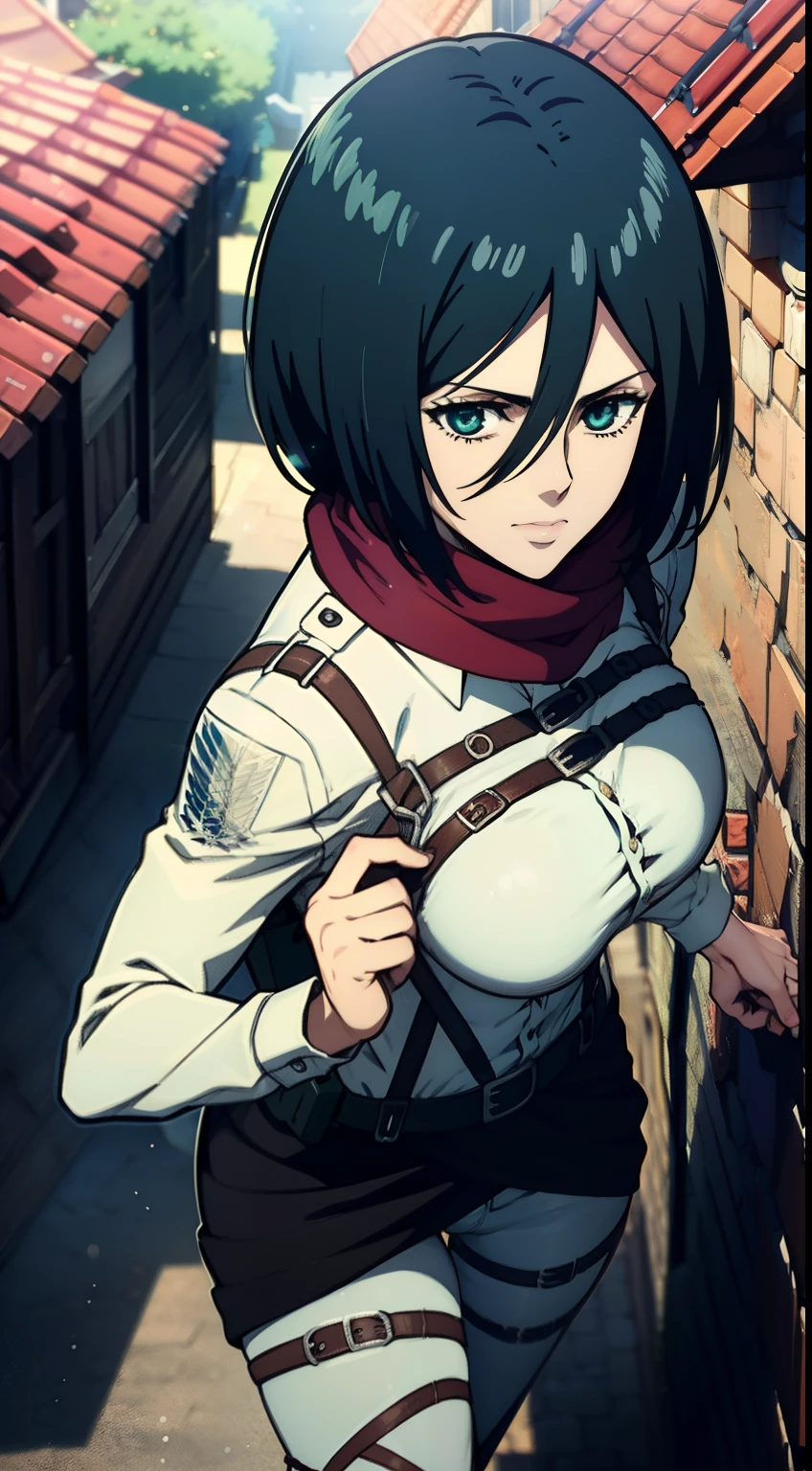 Frame from below, Photo below, view from bottom, Sexy, combat stance, Super Epic Composition, aot style, Shingeki no Kyojin, mikasa ackerman, 1girl, in full height (Body Full 1.1), Hand strap, quiff, black  hair, Black pants, 가슴, green colored eyes, Hair between the eyes, turnstile, long sleeves, looks at the viewer, Average Breasts,, breeches, red scarf, a scarf, Shirt, Short Hair Hair, Roof of the city, roof, Sun, In the air, Holds blades in his hands, jump, Smoke, 独奏, hip belt, white  shirt, Scientific Research Building \(Emblem\), ((tmasterpiece)), beste-Qualit, Sex, hooligan, waist, legsupms, buttocks, 가슴, (Body Full 1.1), Camera from above, Frame from above, the night, Lights, looks at the viewer, ssmile, grin, criminal, laughting, Cool anime 8K, Clean and detailed anime art, 4K Manga Wallpapers, Подробный портрет Anime Girl, Anime 4K Style, Anime Art Wallpapers 4K, Anime Art Wallpaper 4K Masterpiece, Gorgeous, Best Quality,