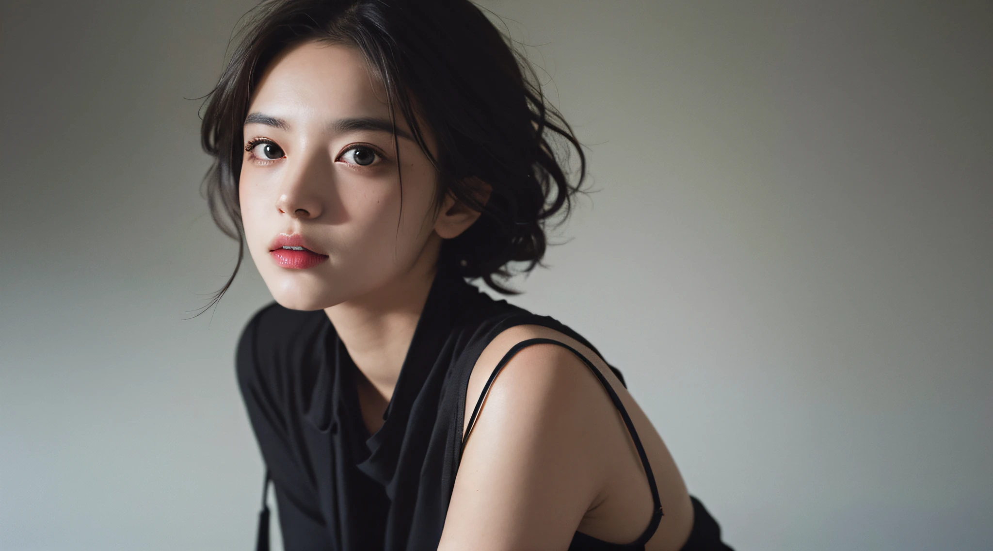 Best quality, masterpiece, ultra high res, (photorealistic:1.5), raw photo, 1girl, offshoulder, in the dark, deep shadow, low key, cold light, sexy look, short hair
