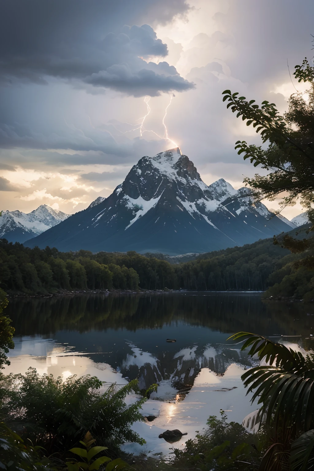 Snowy Mountains, utopian Swamp, Jungle, Water, Small island, realistic, solid ground area in lower part of picture, lightning strike