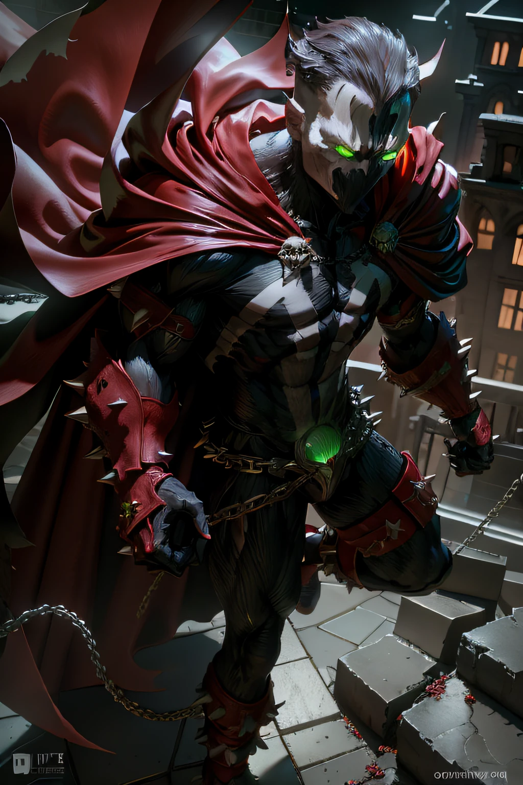 pixar style, focus on eyes, spawn2023, long red collar, red cowl, red cape, chains, skulls, glowing green eyes, textured suit, red gauntlets, spikes, dramatic lighting, 8k, muscular, uhd, best quality, award winning photo, rtx on, unreal engine 5, absurdres, long cape, large red boot, large gauntlet, flowing cape, asymmetrical red Armor, mask, night, dramatic lighting, epic red cape, wide shoulders, spike shoulders, silver chain, cgi, flying pose