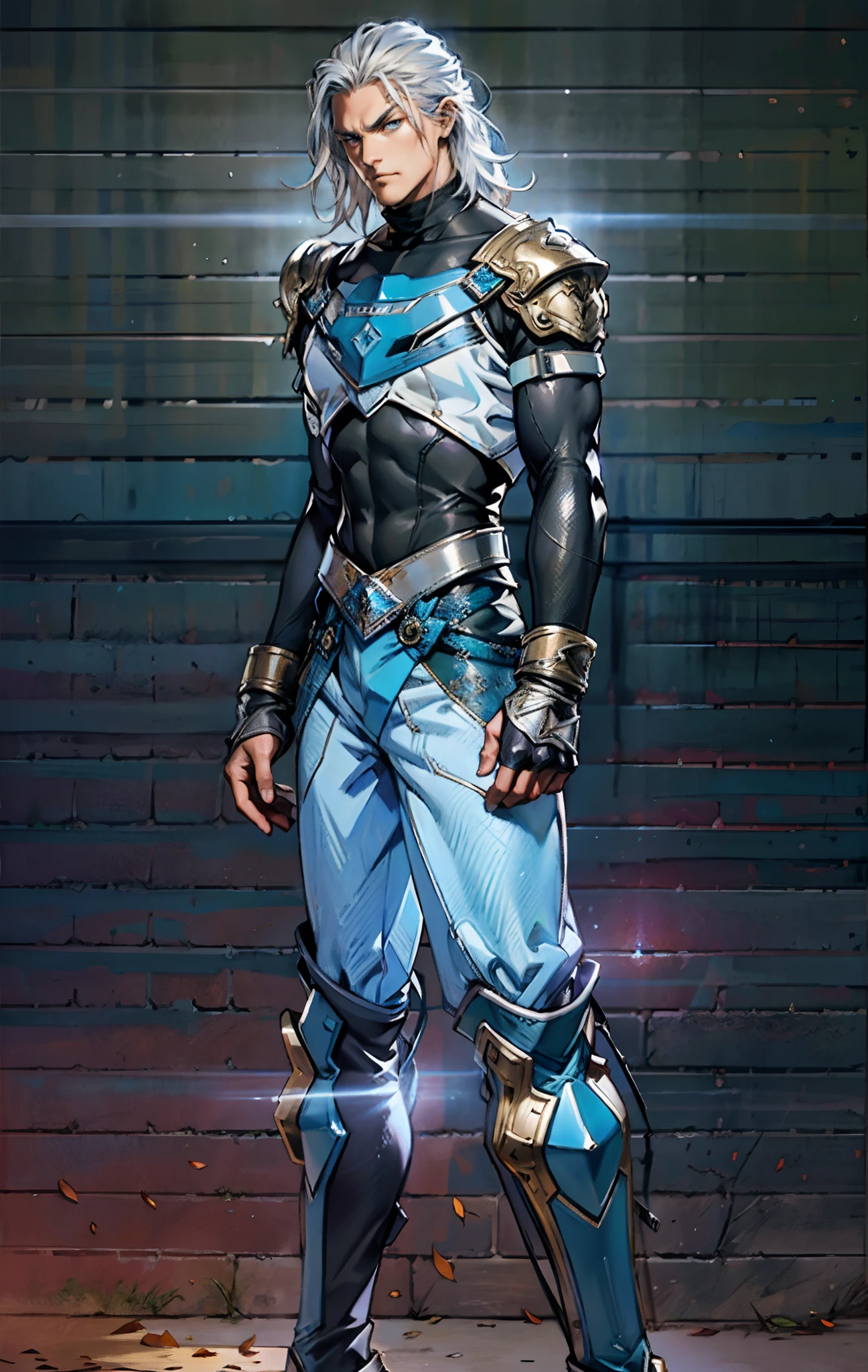 A middle-aged man, long platinum-blond hair, neatly combed hair, a square face, a serious expression, sharp eyes, tall figure, a dark fantasy-realistic style bodysuit, short sleeve, a silver-white chestplate, gloves with metal accessories, three metal blades extending from the gloves, tight-fitting pants that match the bodysuit, silver-white metal shin guards, boots, the background is a mountain forest at night, with falling leaves, this character embodies a finely crafted fantasy-realistic style assassin in anime style, characterized by an exquisite and mature manga illustration art style, high definition, best quality, highres, ultra-detailed, ultra-fine painting, extremely delicate, professional, anatomically correct, symmetrical face, extremely detailed eyes and face, high quality eyes, creativity, RAW photo, UHD, 8k, Natural light, cinematic lighting, masterpiece-anatomy-perfect, masterpiece:1.5