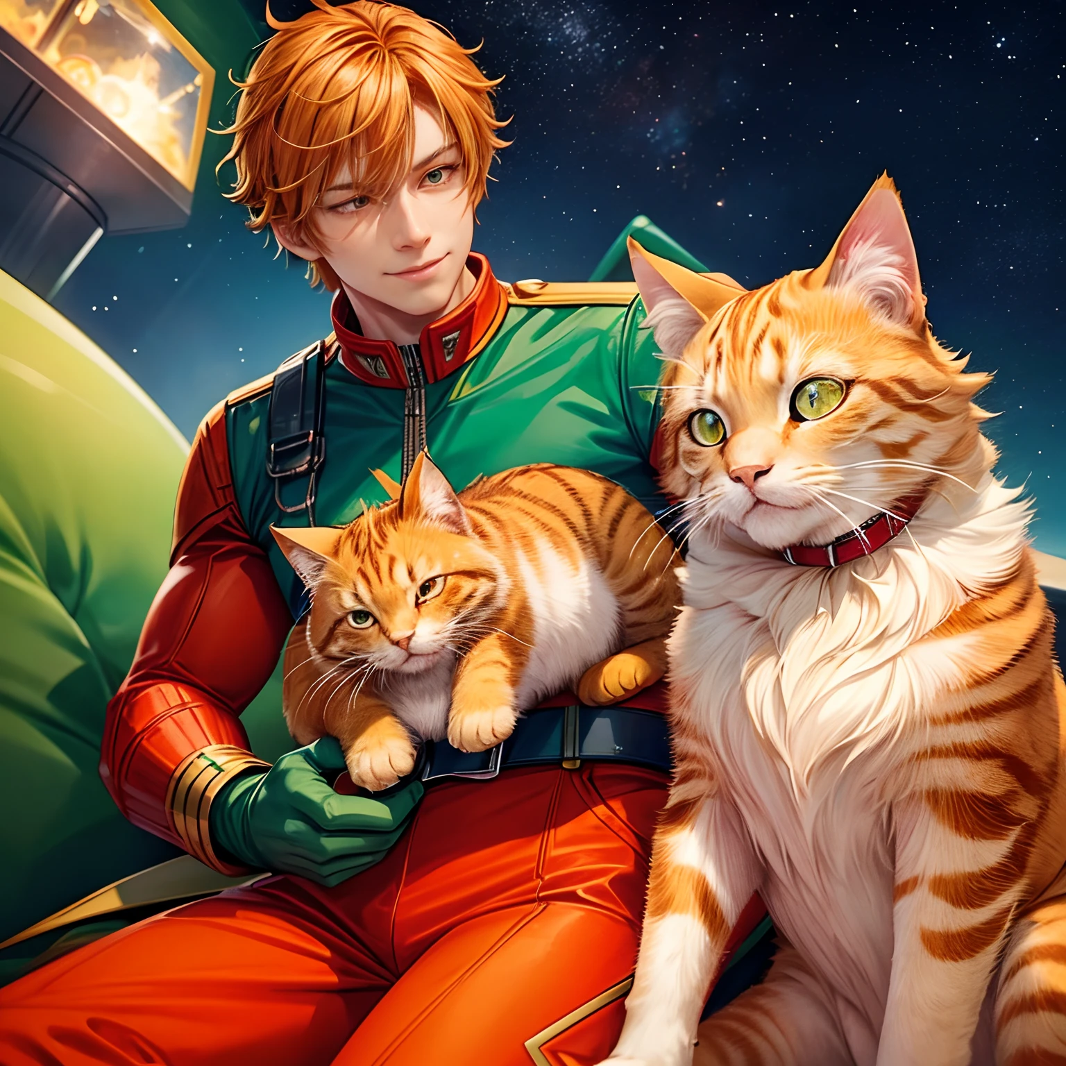 A fluffy orange tabby cat with green eyes and a red collar. The cat is sleeping on the lap of Captain Marvel, who is wearing her blue and red suit and smiling at the camera. Behind them is a starry sky and a spaceship.
